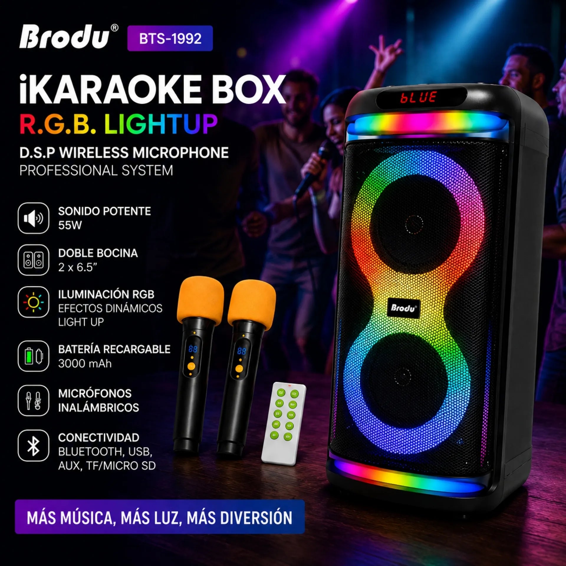 Parlante Karaoke Bluetooth Doble Bocina 6.5 Pulgadas Con Luces RGB Brodu BTS-1992