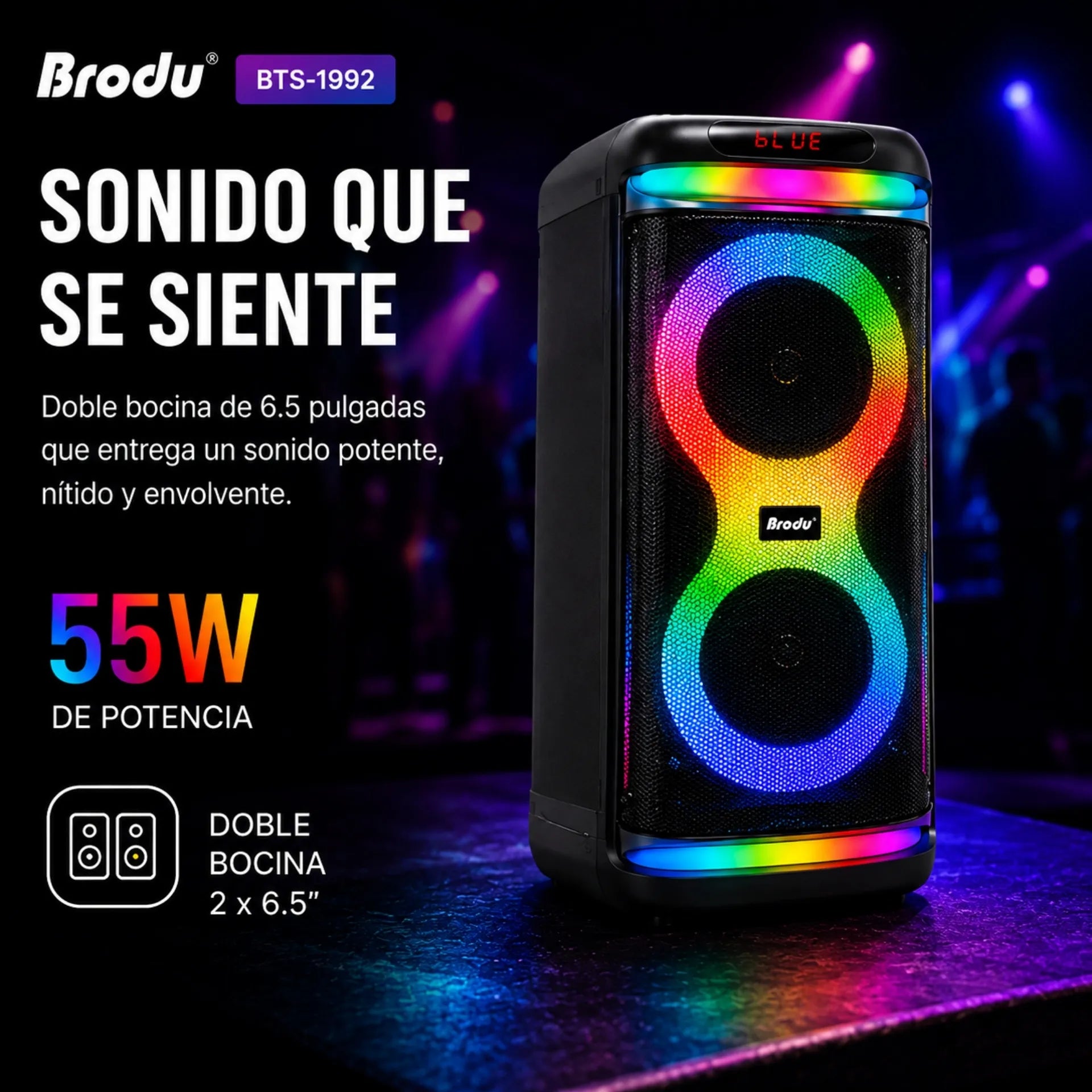 Parlante Karaoke Bluetooth Doble Bocina 6.5 Pulgadas Con Luces RGB Brodu BTS-1992