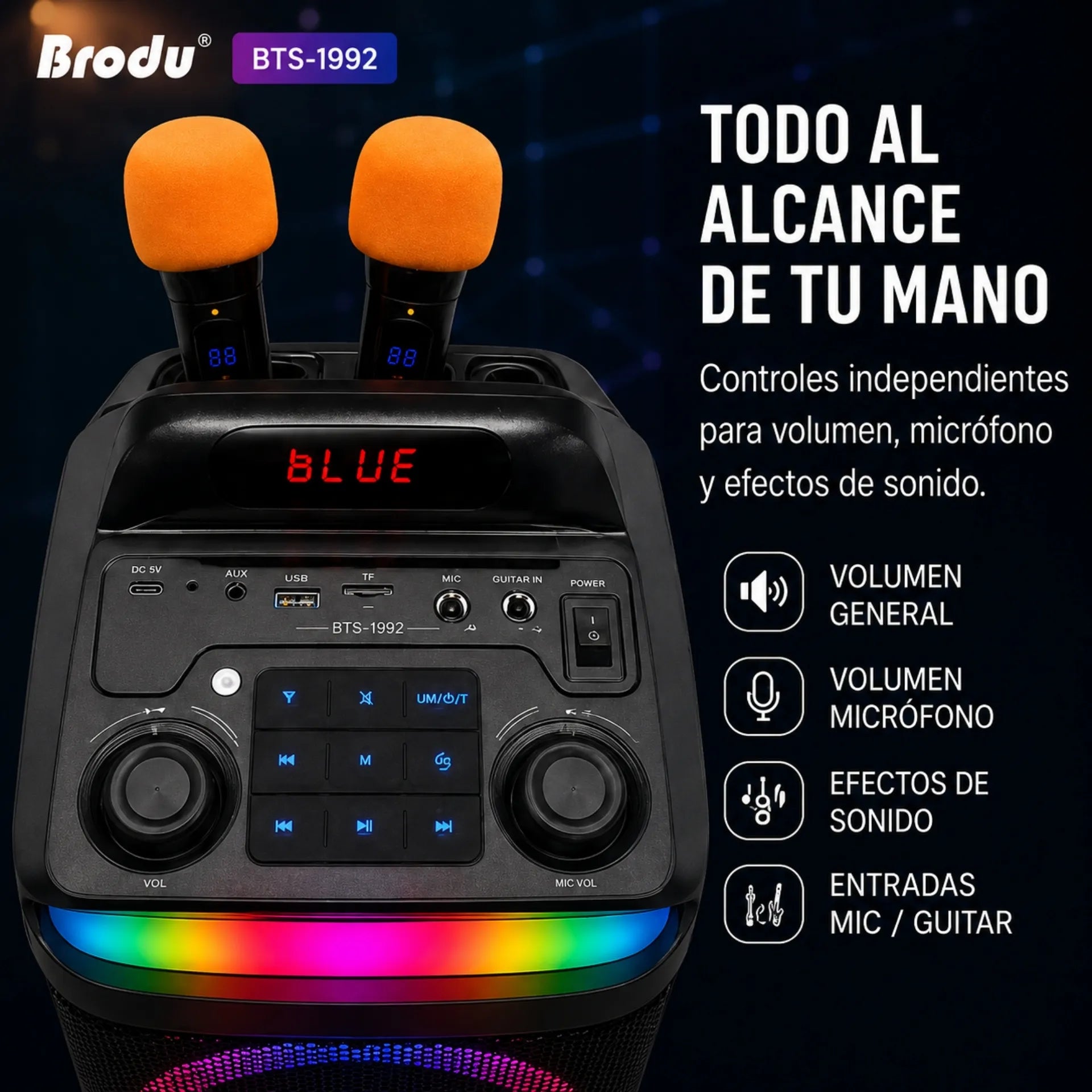 Parlante Karaoke Bluetooth Doble Bocina 6.5 Pulgadas Con Luces RGB Brodu BTS-1992