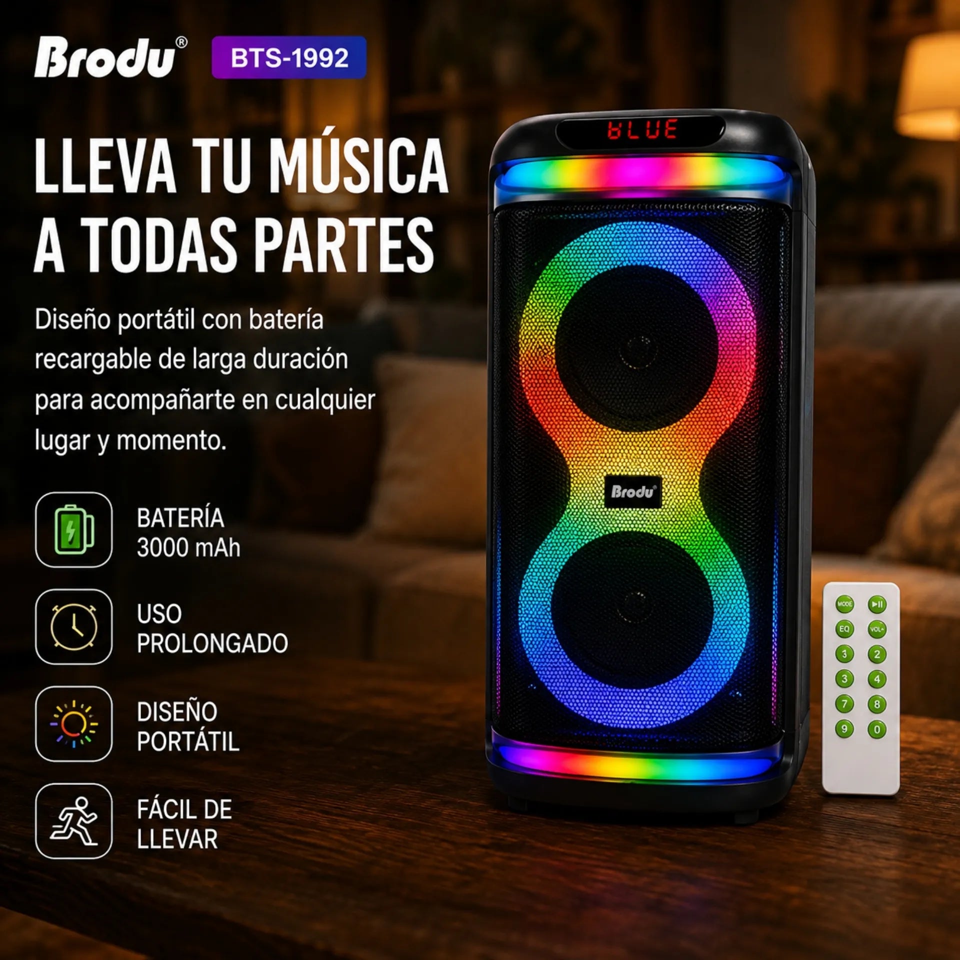 Parlante Karaoke Bluetooth Doble Bocina 6.5 Pulgadas Con Luces RGB Brodu BTS-1992
