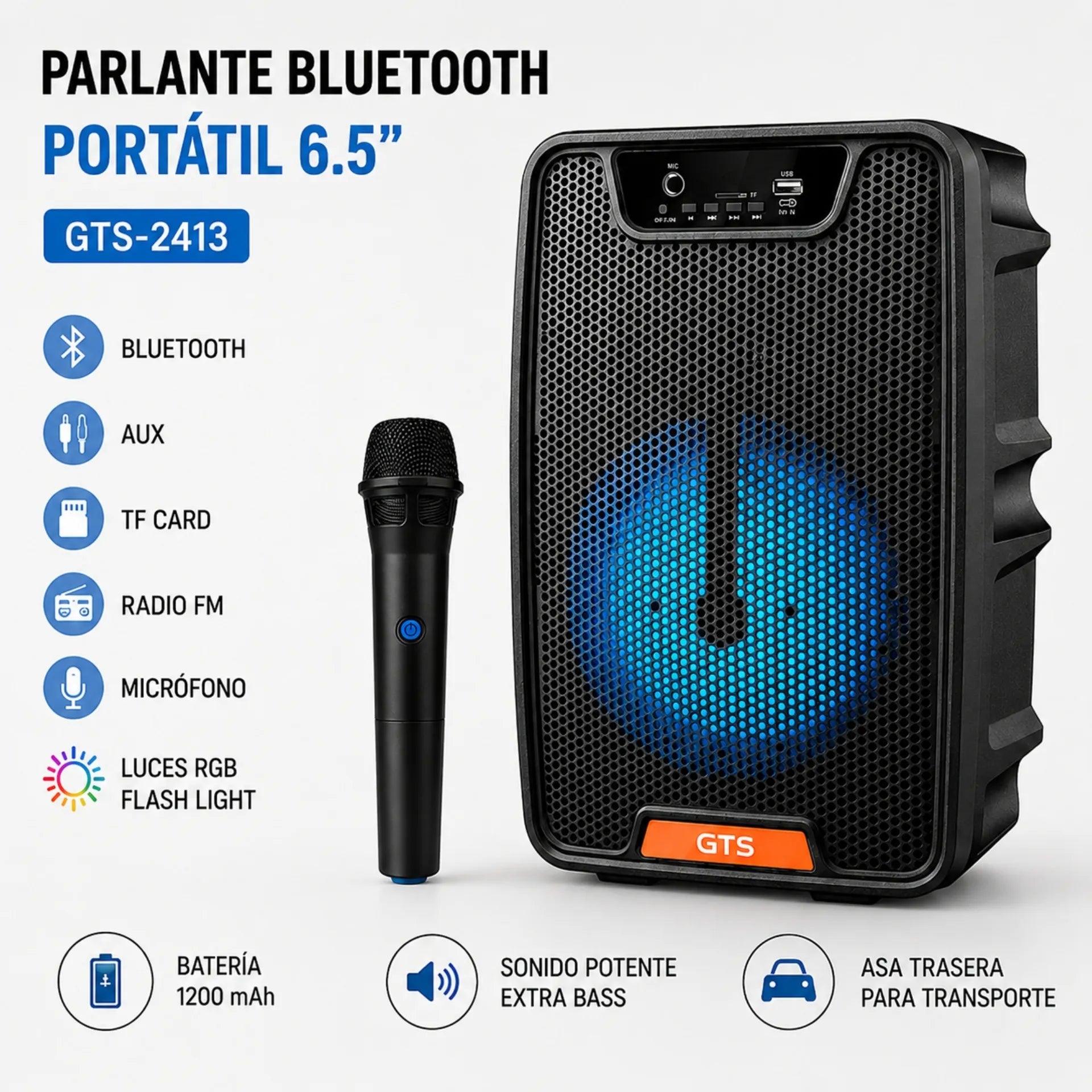 Parlante Bluetooth Portátil 6.5 Pulgadas Con Luces RGB Y Microfono GTS GTS-2413