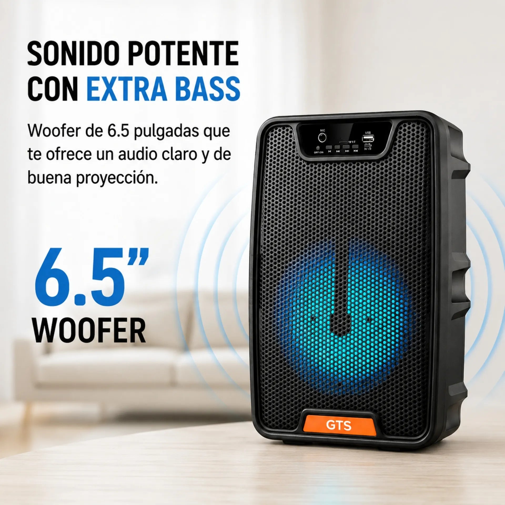 Parlante Bluetooth Portátil 6.5 Pulgadas Con Luces RGB Y Microfono GTS GTS-2413