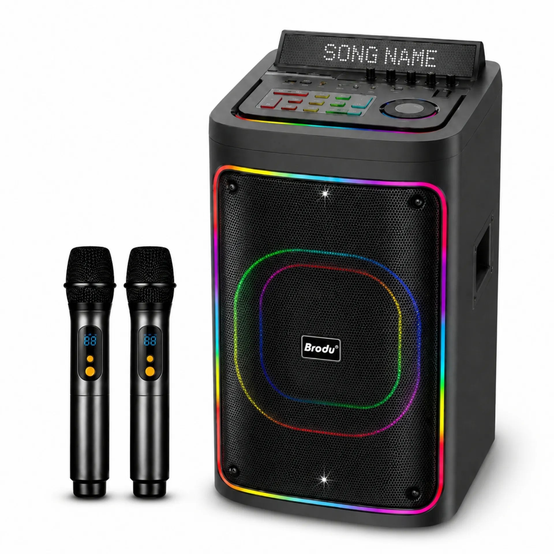 Parlante Karaoke Bluetooth Con Pantalla LED 8 Pulgadas Con 2 Micrófonos RGB Brodu BTS-2239