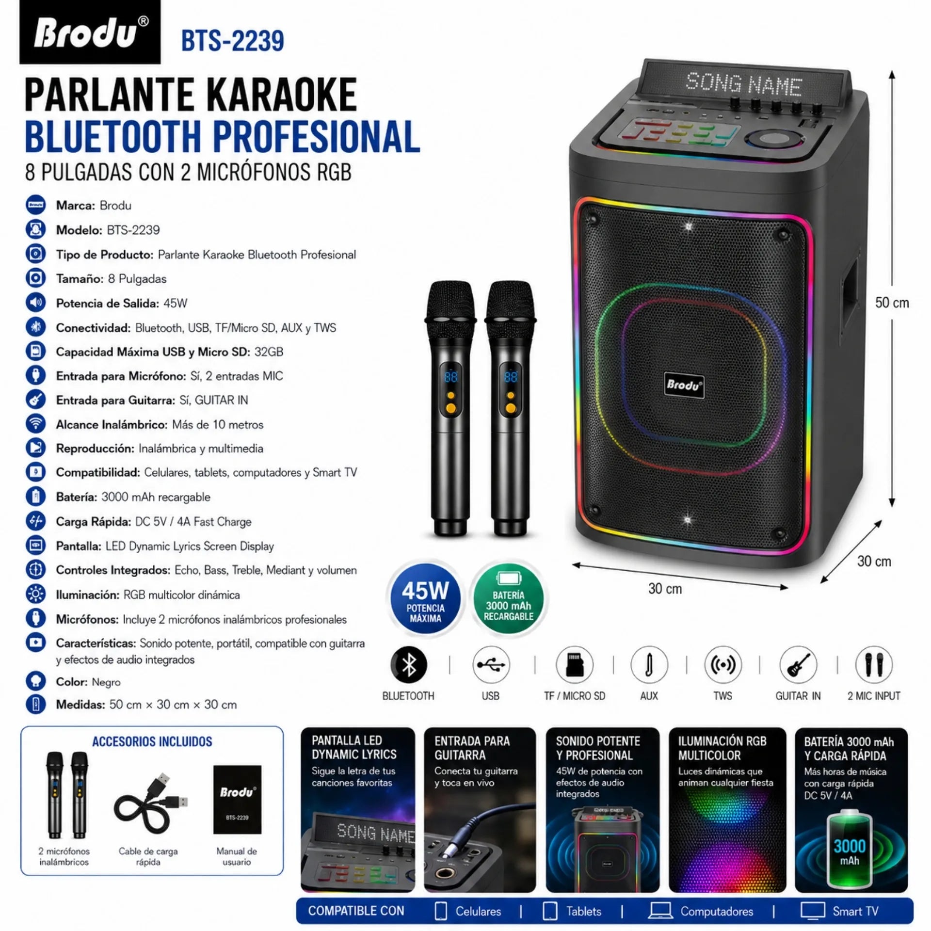 Parlante Karaoke Bluetooth Con Pantalla LED 8 Pulgadas Con 2 Micrófonos RGB Brodu BTS-2239