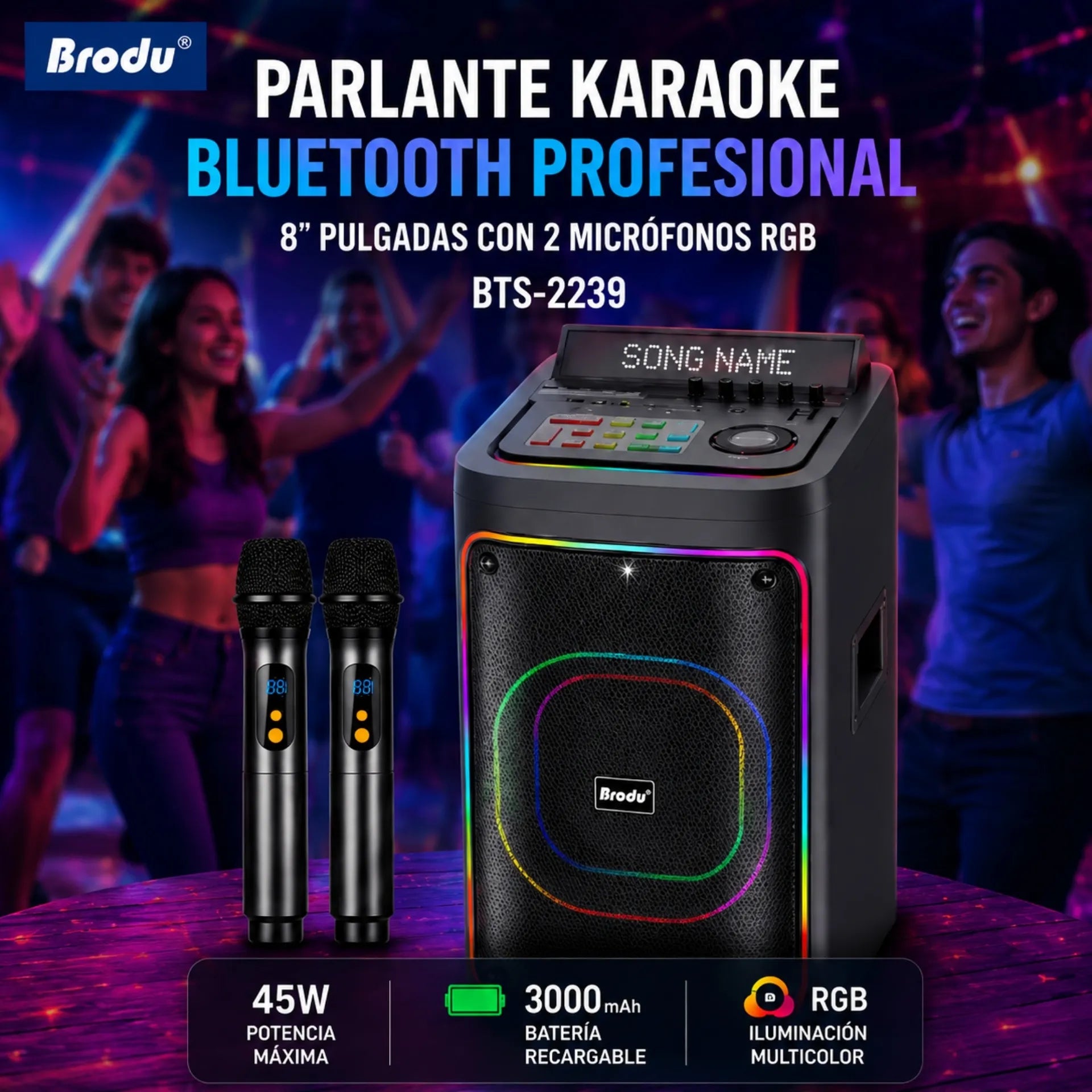 Parlante Karaoke Bluetooth Con Pantalla LED 8 Pulgadas Con 2 Micrófonos RGB Brodu BTS-2239