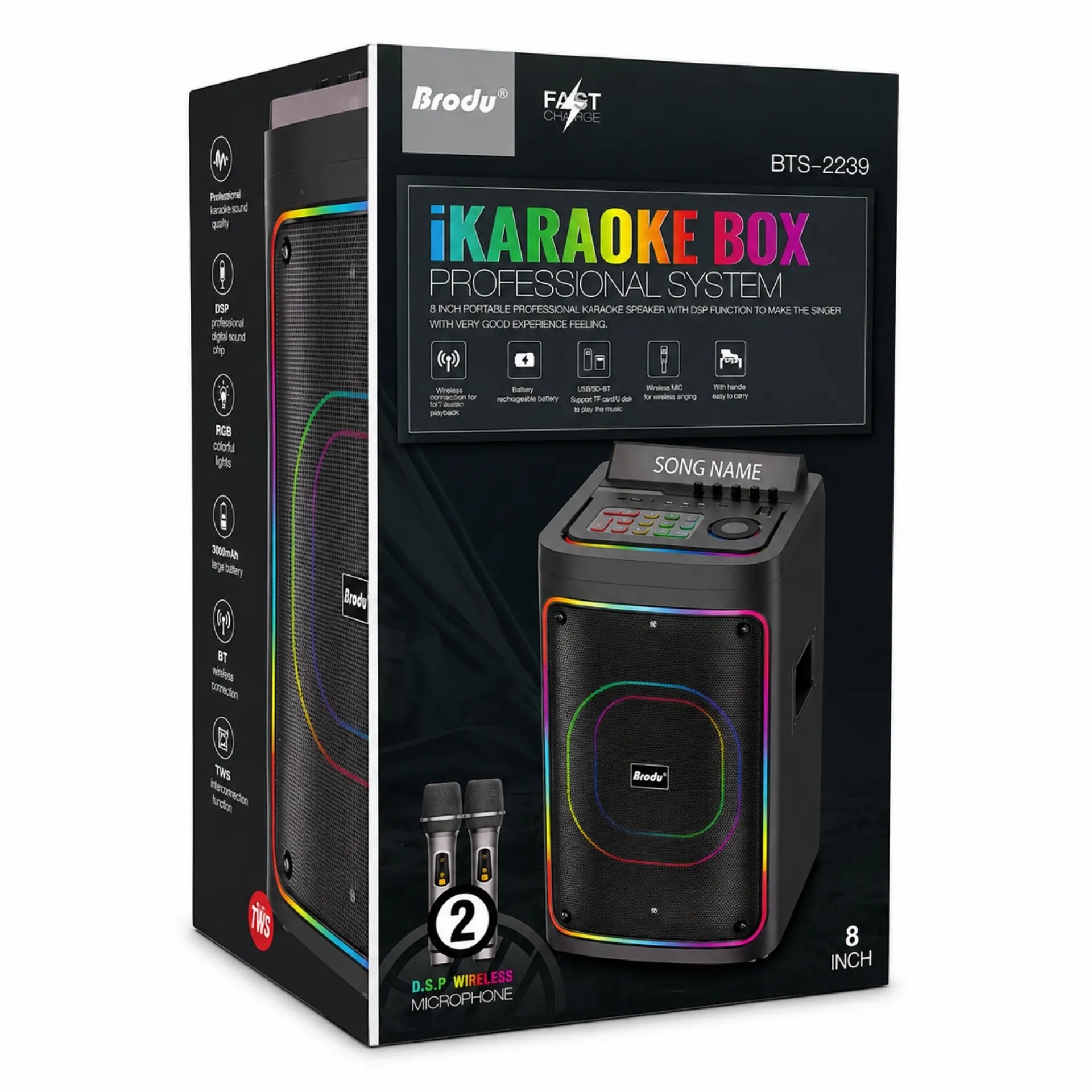 Parlante Karaoke Bluetooth Con Pantalla LED 8 Pulgadas Con 2 Micrófonos RGB Brodu BTS-2239