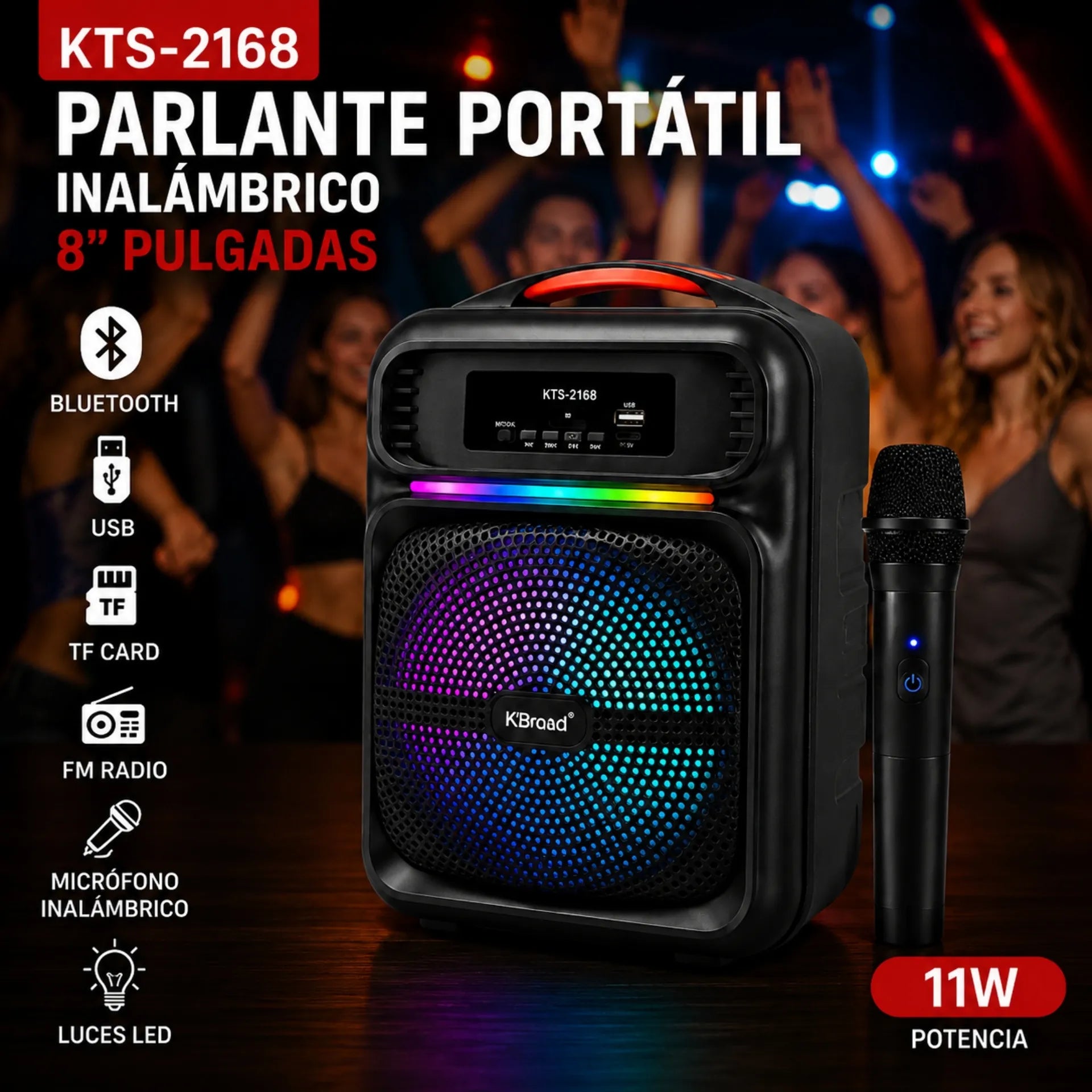 Parlante Bluetooth Portátil 8 Pulgadas Con Micrófono Y Luces LED KTS-2168