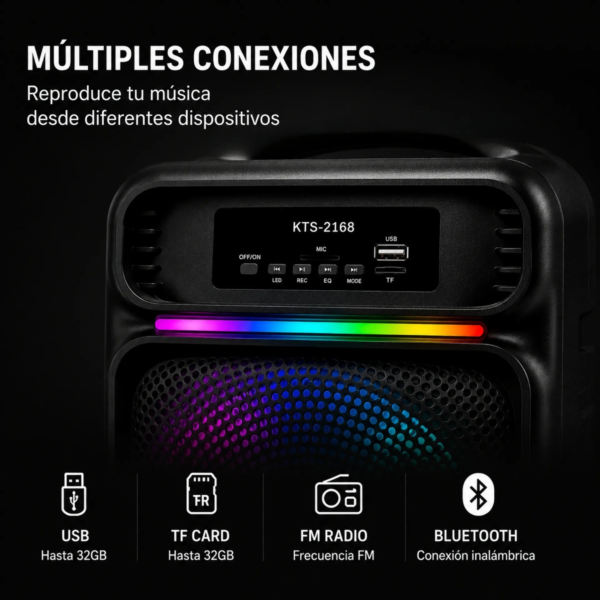Parlante Bluetooth Portátil 8 Pulgadas Con Micrófono Y Luces LED KTS-2168