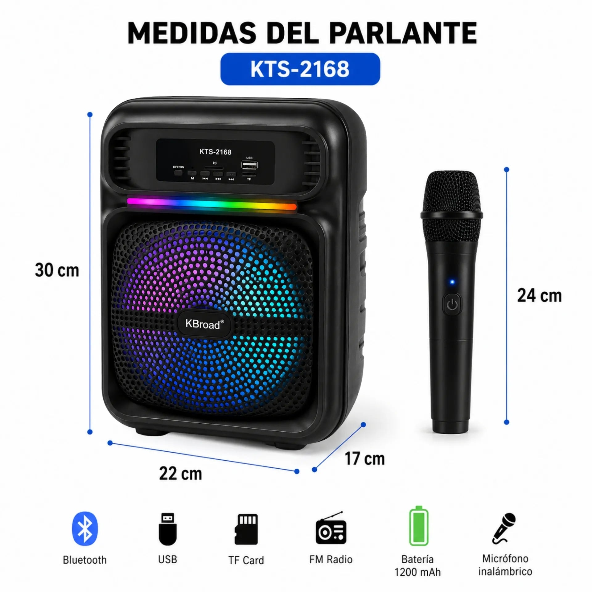Parlante Bluetooth Portátil 8 Pulgadas Con Micrófono Y Luces LED KTS-2168