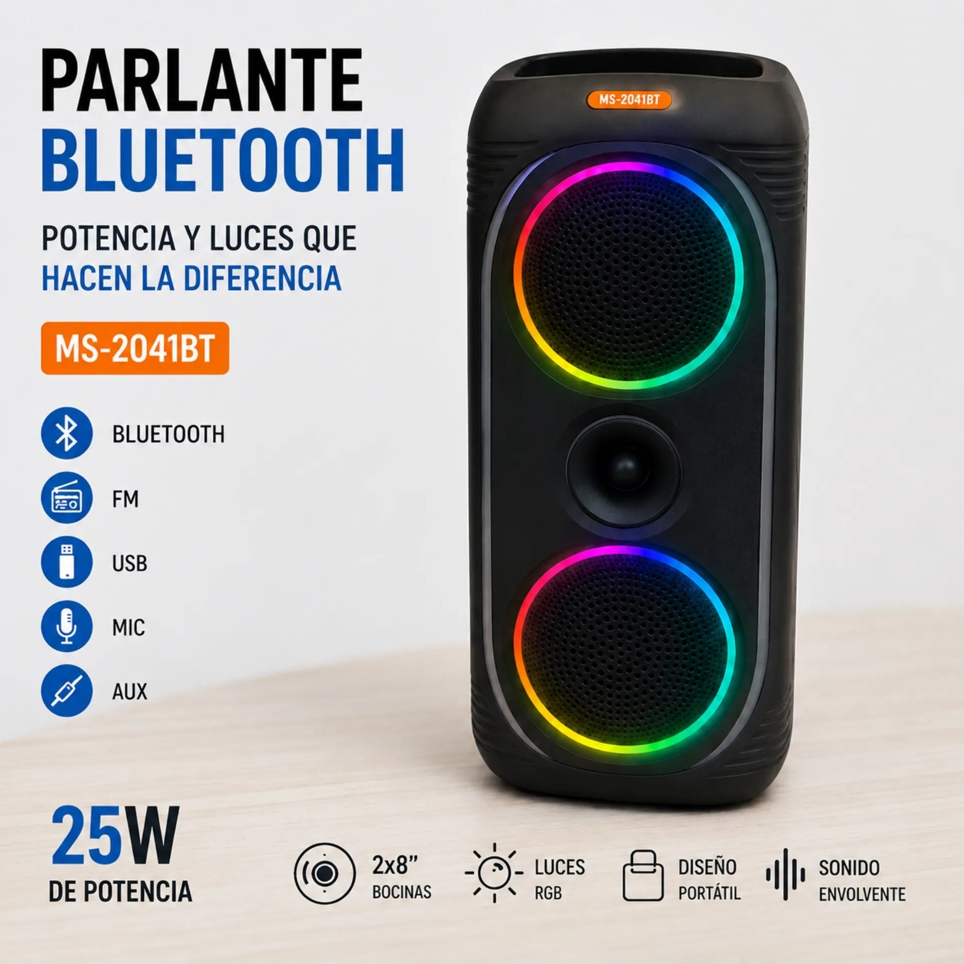 Parlante Cabina Bluetooth De 8 Pulgadas 25W y Retroiluminado MS-2041BT