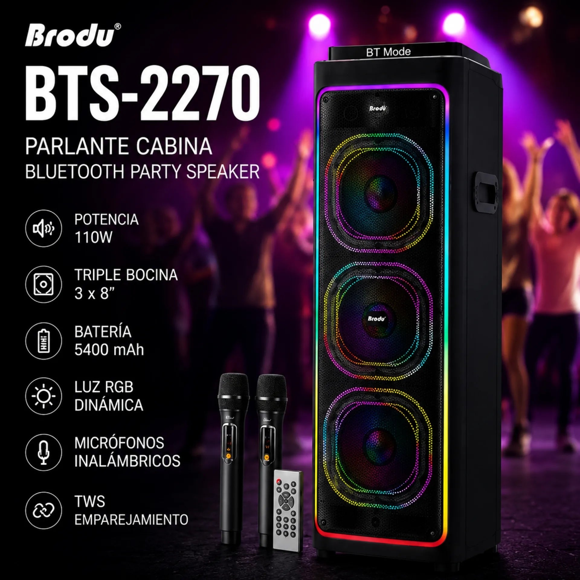 Parlante Cabina Bluetooth Triple Bocina De 8 Pulgadas Con Luces RGB Y Microfonos Brodu BTS-2270