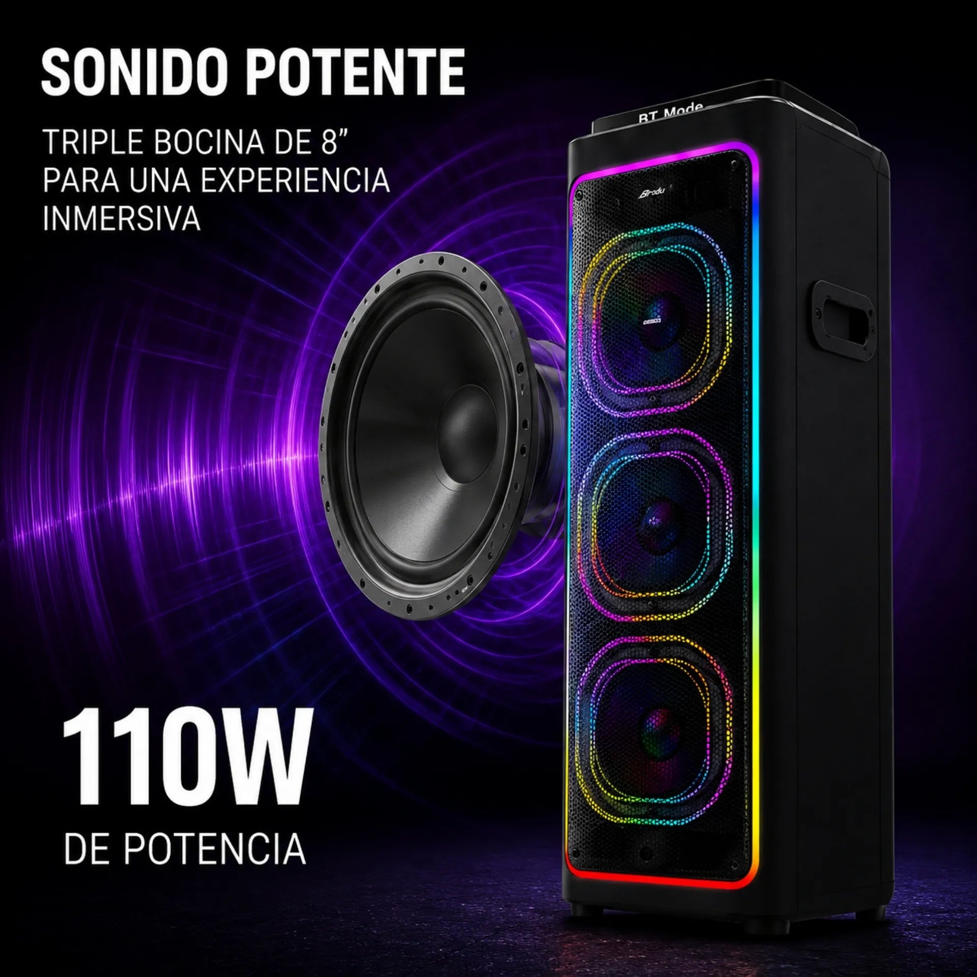 Parlante Cabina Bluetooth Triple Bocina De 8 Pulgadas Con Luces RGB Y Microfonos Brodu BTS-2270
