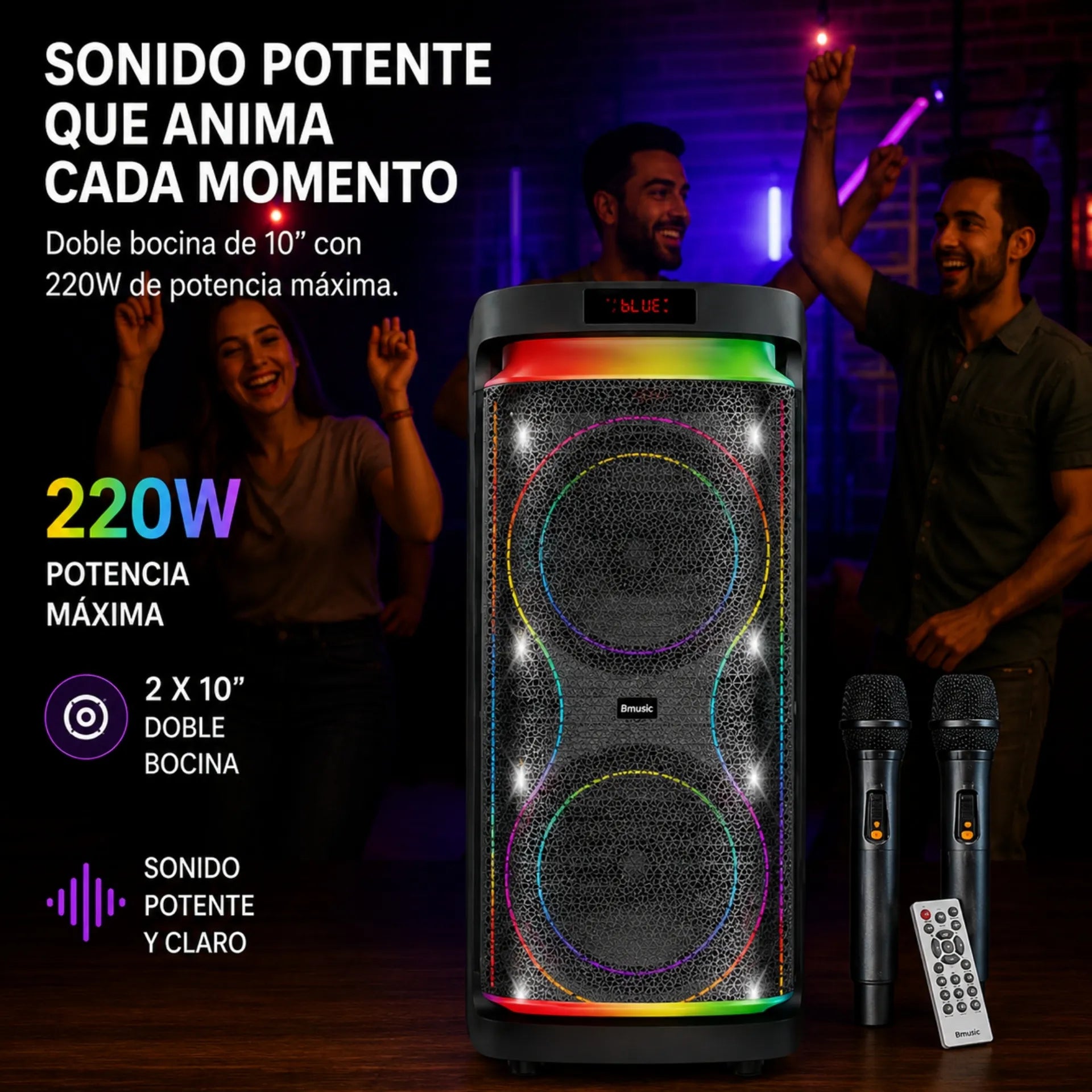 Parlante Cabina Bluetooth Doble 10 Pulgadas Con 2 Micrófonos RGB Brodu BTS-2291