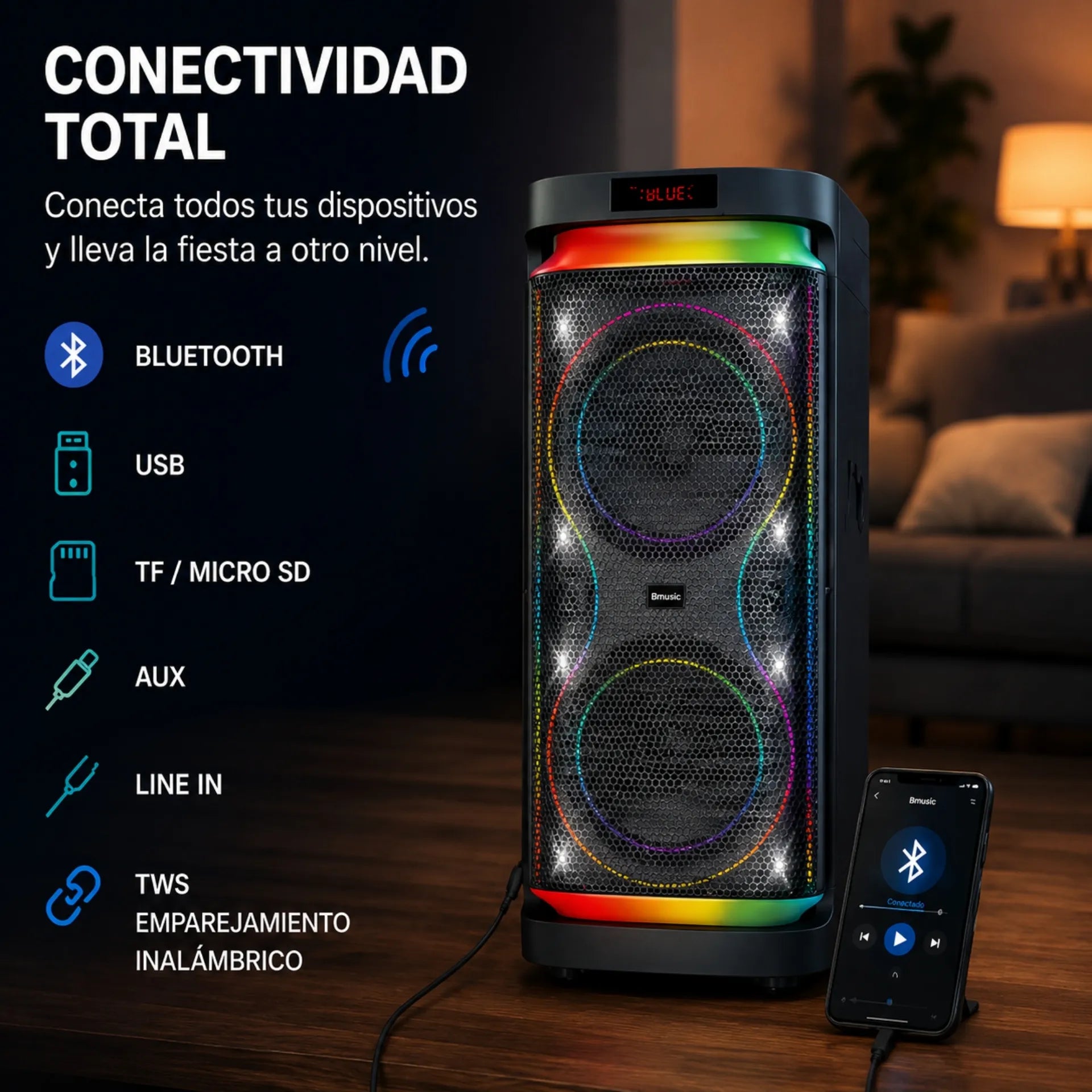 Parlante Cabina Bluetooth Doble 10 Pulgadas Con 2 Micrófonos RGB Brodu BTS-2291
