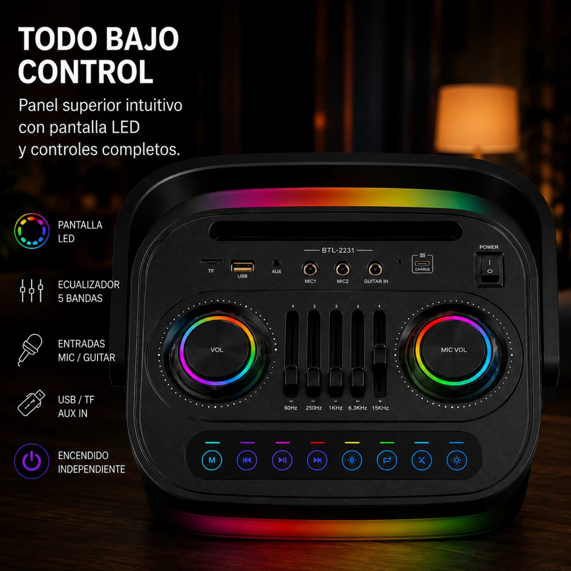 Parlante Cabina Bluetooth Doble 10 Pulgadas Con 2 Micrófonos RGB Brodu BTS-2291
