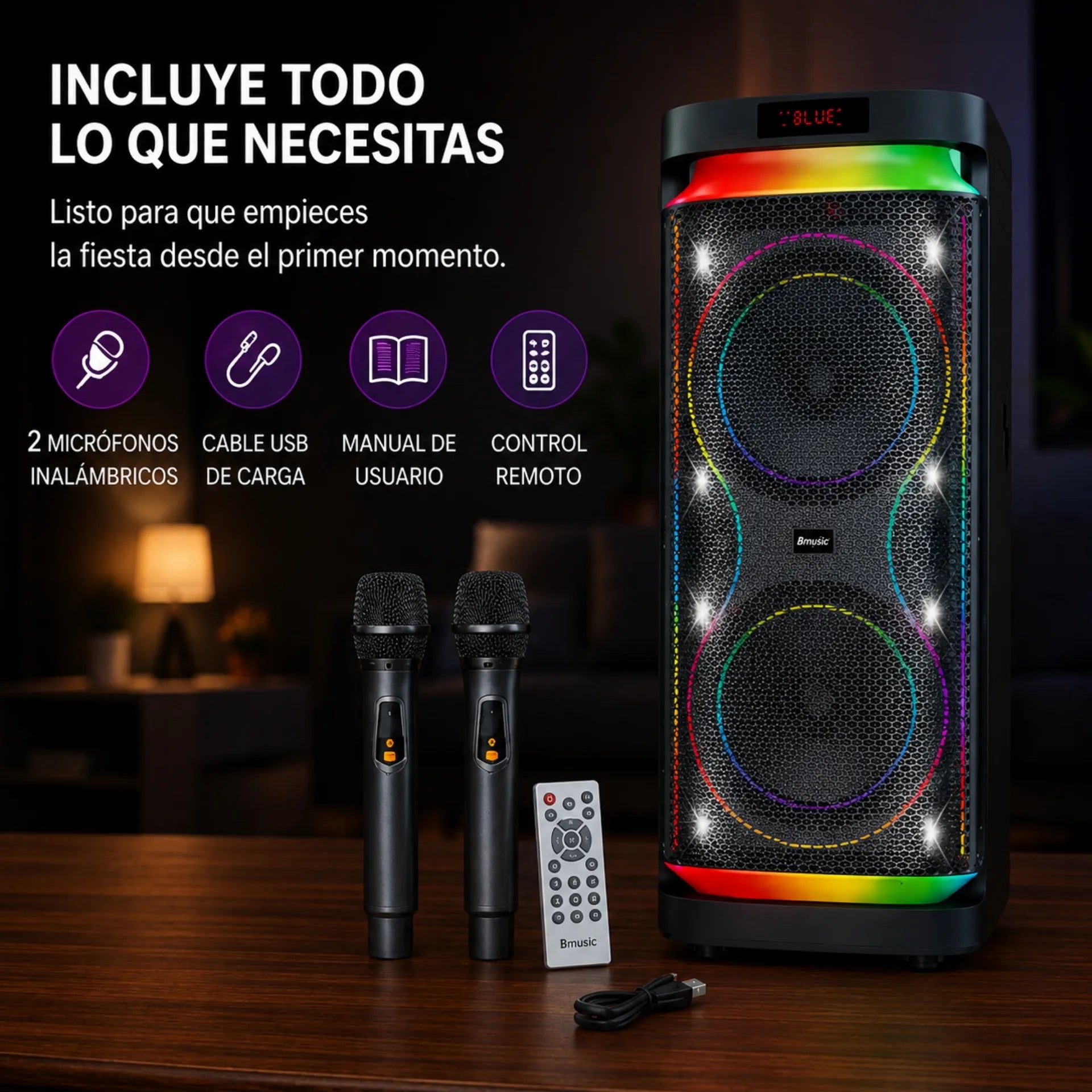 Parlante Cabina Bluetooth Doble 10 Pulgadas Con 2 Micrófonos RGB Brodu BTS-2291