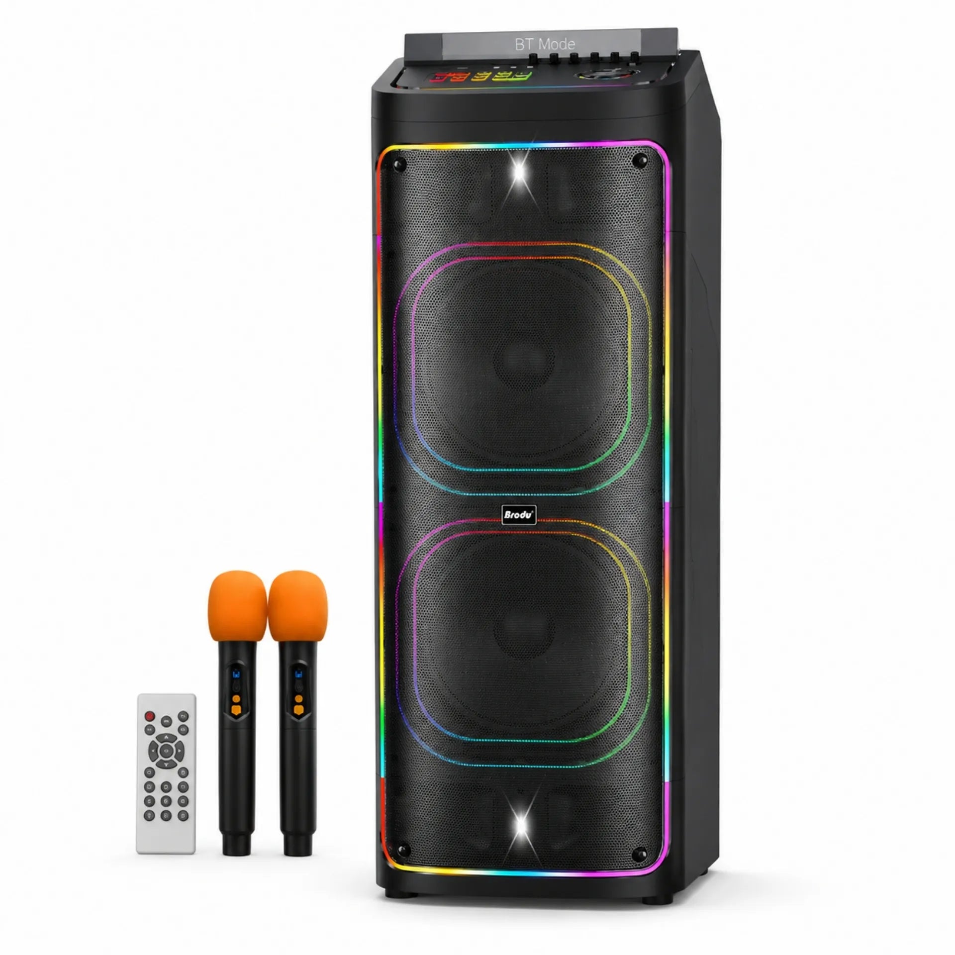 Parlante Cabina Bluetooth Doble Bocina 12 Pulgadas Con Luces RGB y Micrófonos Brodu BTS-2242