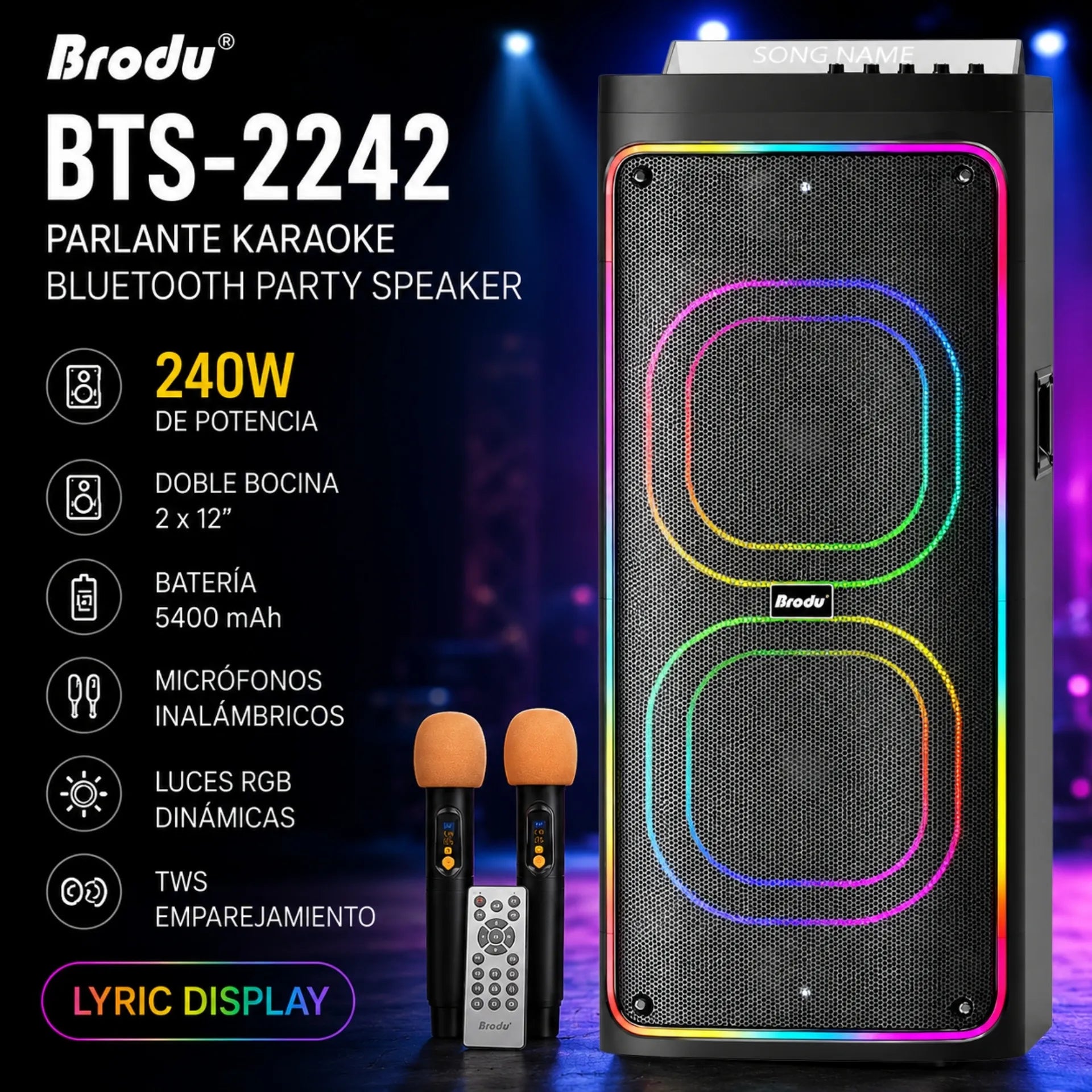 Parlante Cabina Bluetooth Doble Bocina 12 Pulgadas Con Luces RGB y Micrófonos Brodu BTS-2242