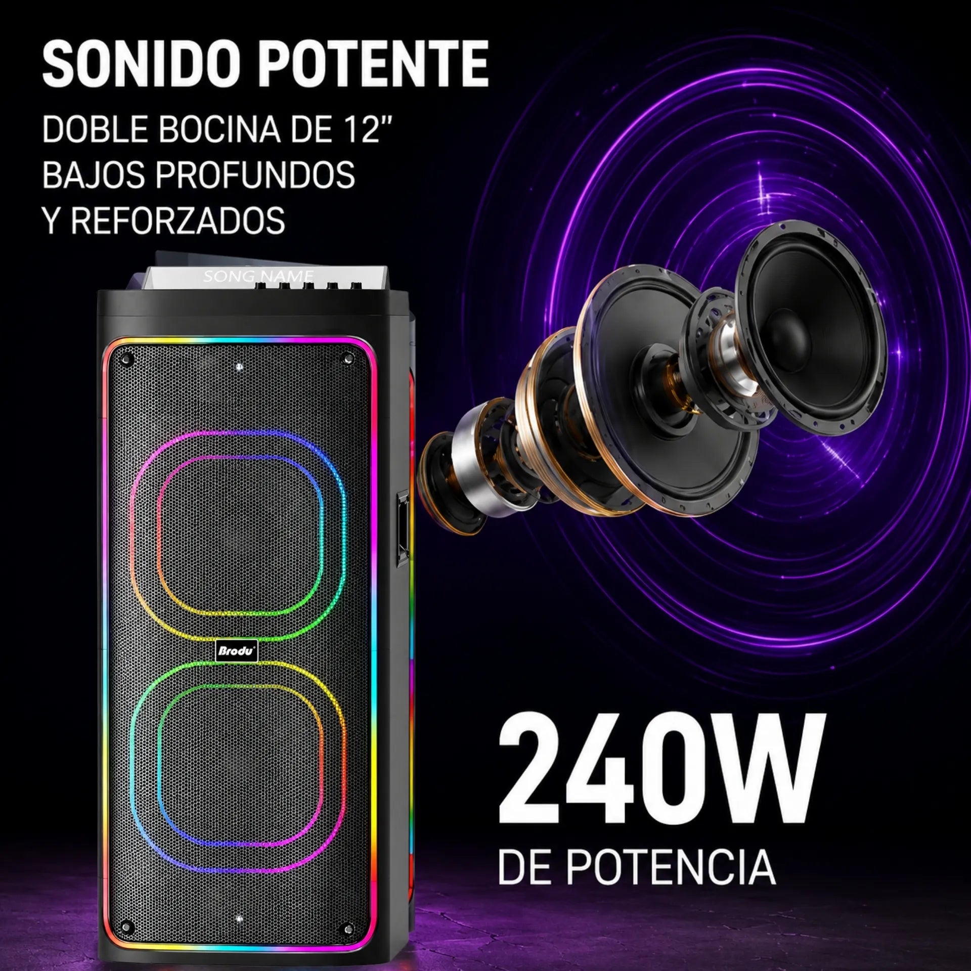 Parlante Cabina Bluetooth Doble Bocina 12 Pulgadas Con Luces RGB y Micrófonos Brodu BTS-2242