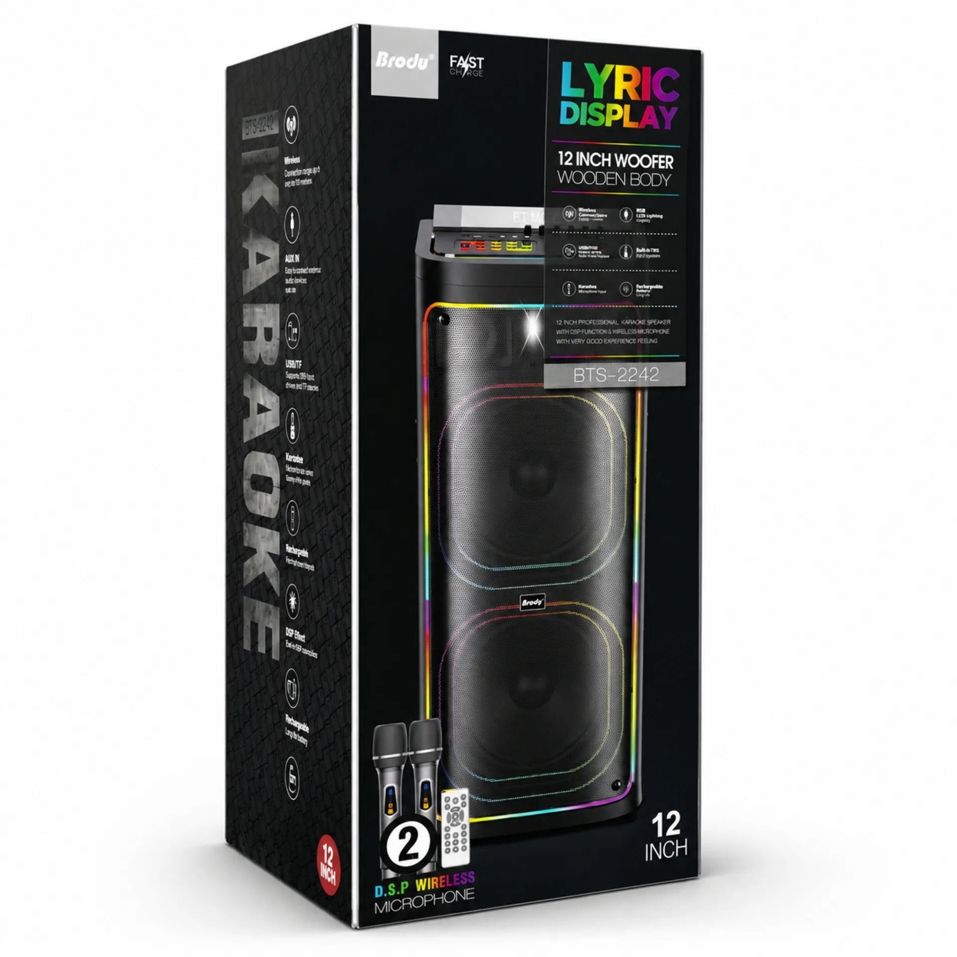 Parlante Cabina Bluetooth Doble Bocina 12 Pulgadas Con Luces RGB y Micrófonos Brodu BTS-2242