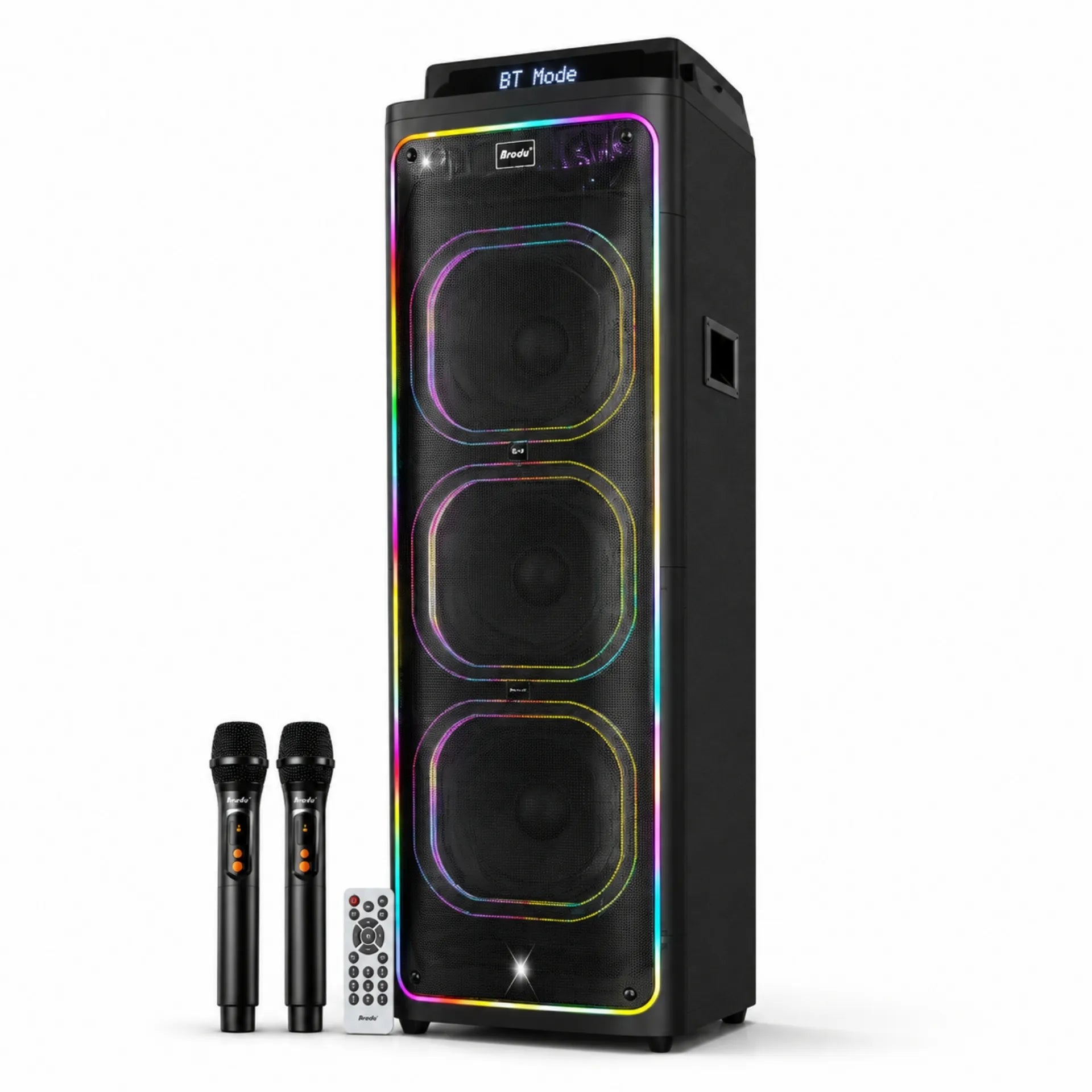 Parlante Cabina Bluetooth Triple Bocina De 12 Pulgadas Con Luces Control y Microfonos RGB Brodu BTS-2272