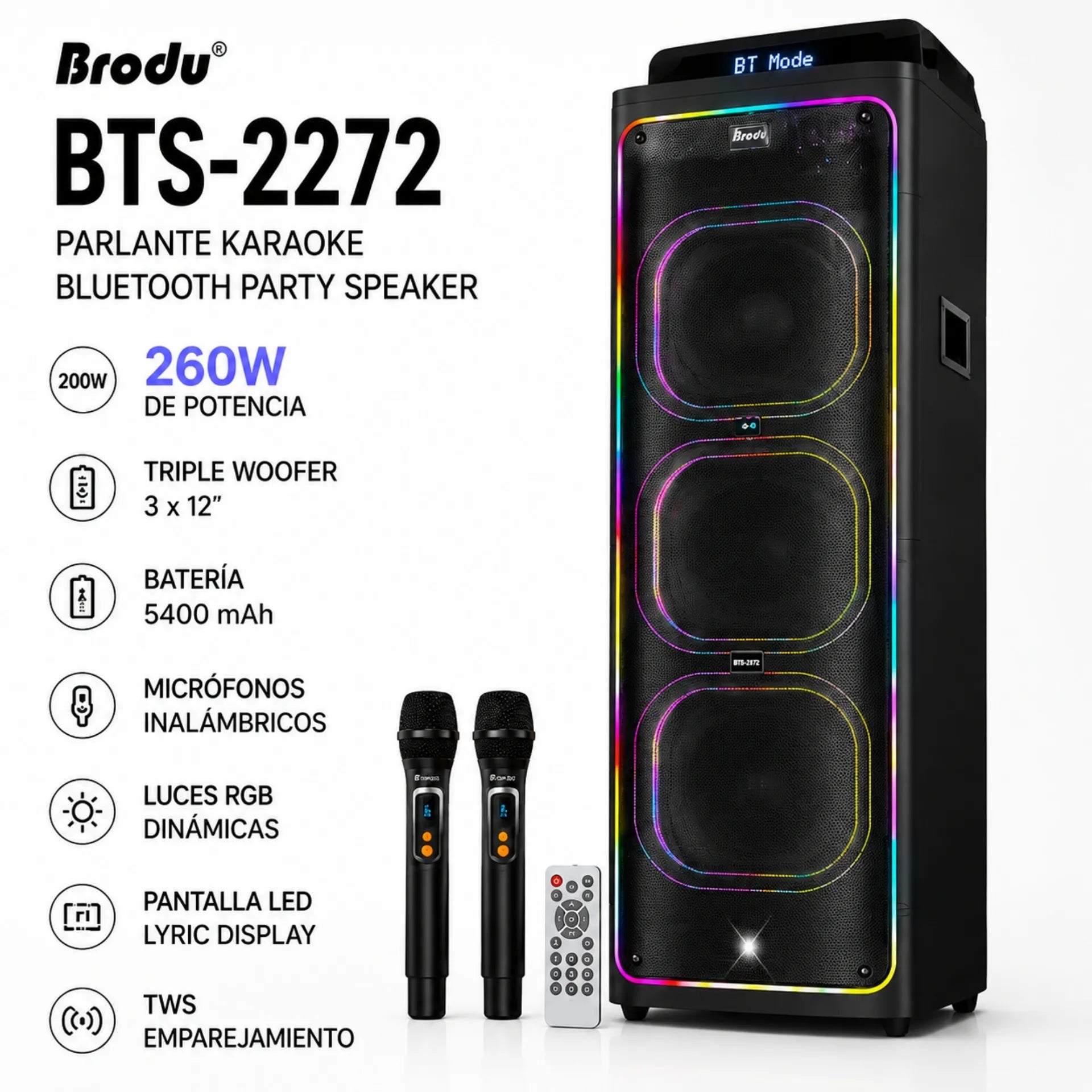 Parlante Cabina Bluetooth Triple Bocina De 12 Pulgadas Con Luces Control y Microfonos RGB Brodu BTS-2272
