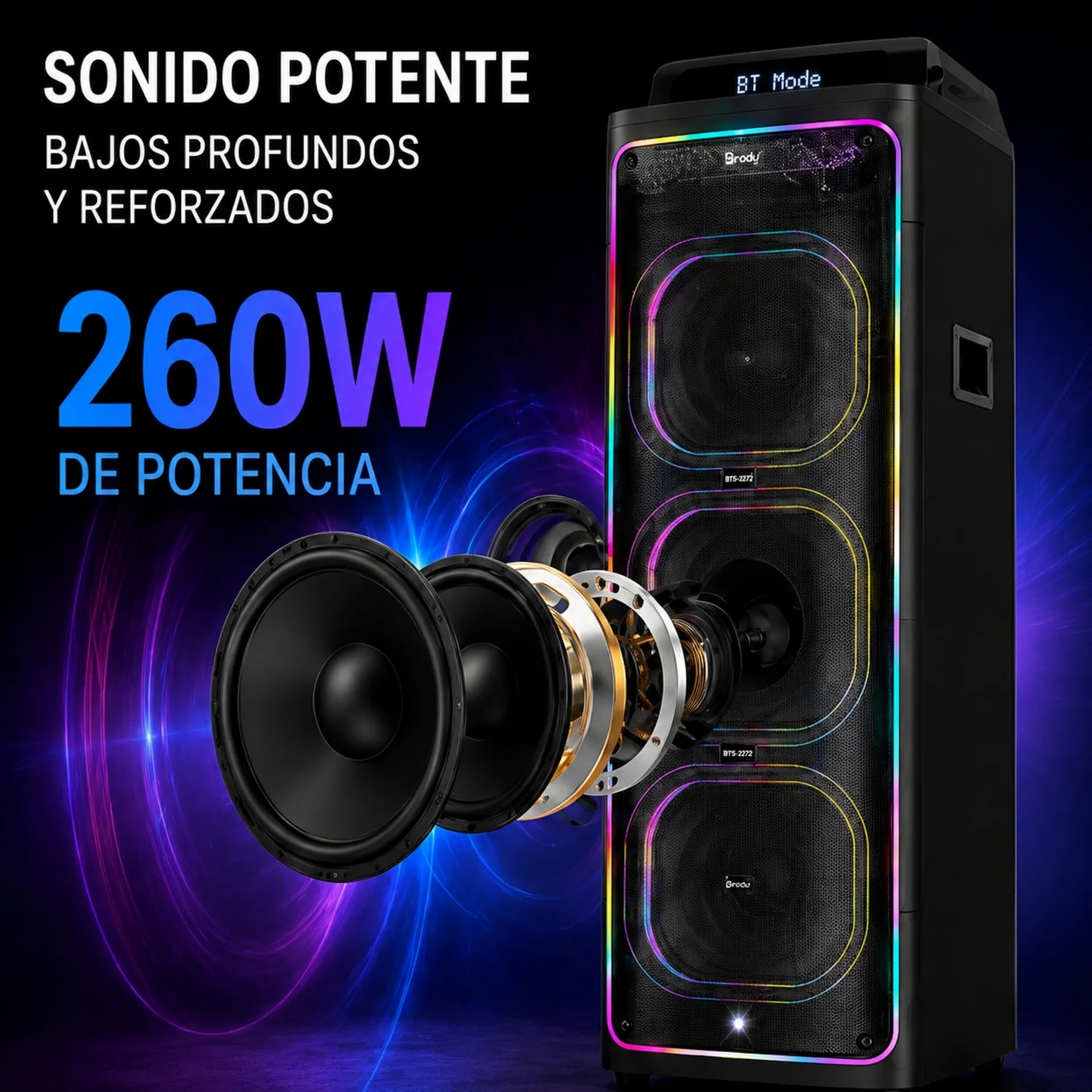 Parlante Cabina Bluetooth Triple Bocina De 12 Pulgadas Con Luces Control y Microfonos RGB Brodu BTS-2272
