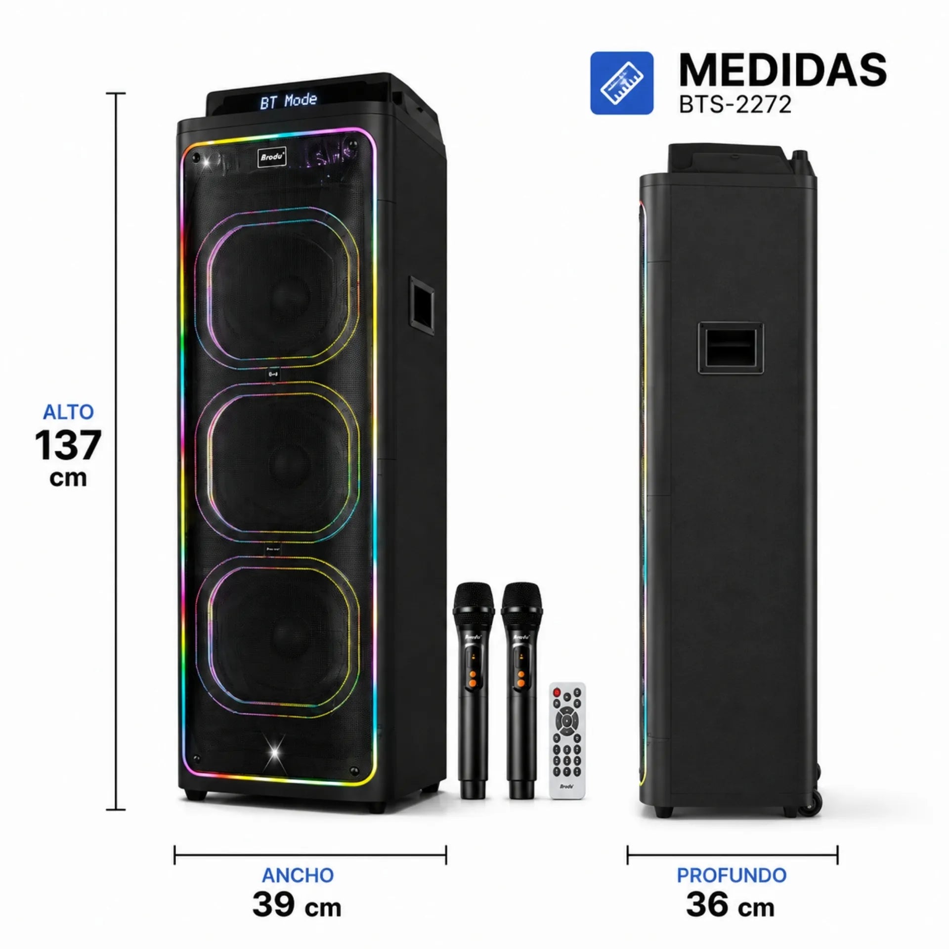 Parlante Cabina Bluetooth Triple Bocina De 12 Pulgadas Con Luces Control y Microfonos RGB Brodu BTS-2272
