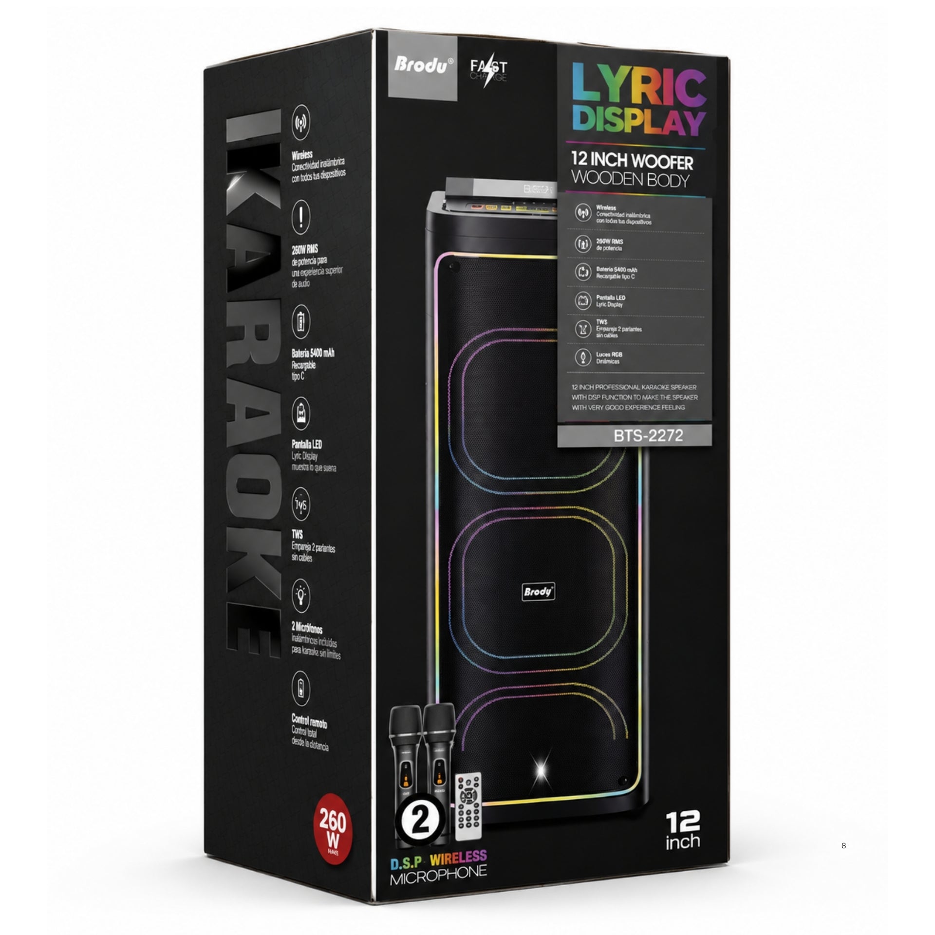 Parlante Cabina Bluetooth Triple Bocina De 12 Pulgadas Con Luces Control y Microfonos RGB Brodu BTS-2272