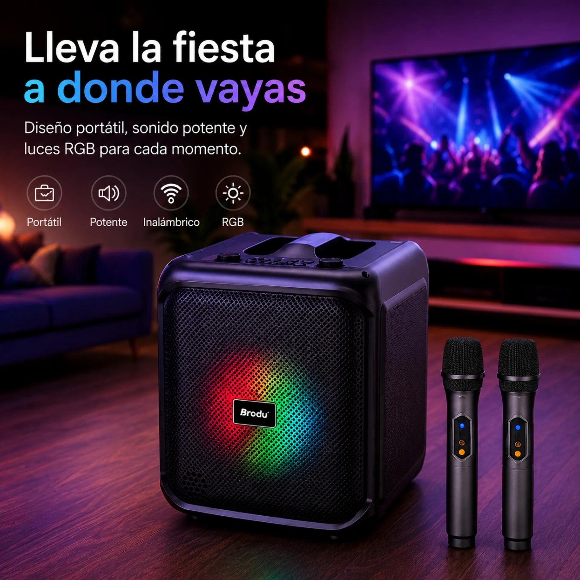 Parlante Cabina Bluetooth 6.5 Pulgadas Con Luces RGB Y 2 Micrófonos Brodu BTS-1933