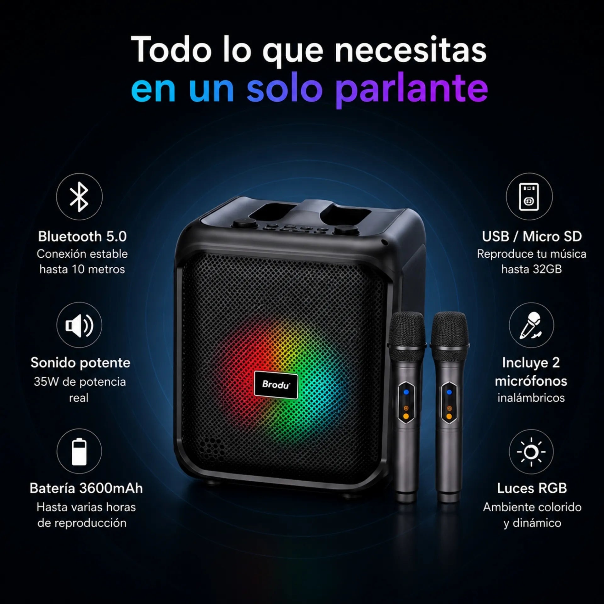 Parlante Cabina Bluetooth 6.5 Pulgadas Con Luces RGB Y 2 Micrófonos Brodu BTS-1933