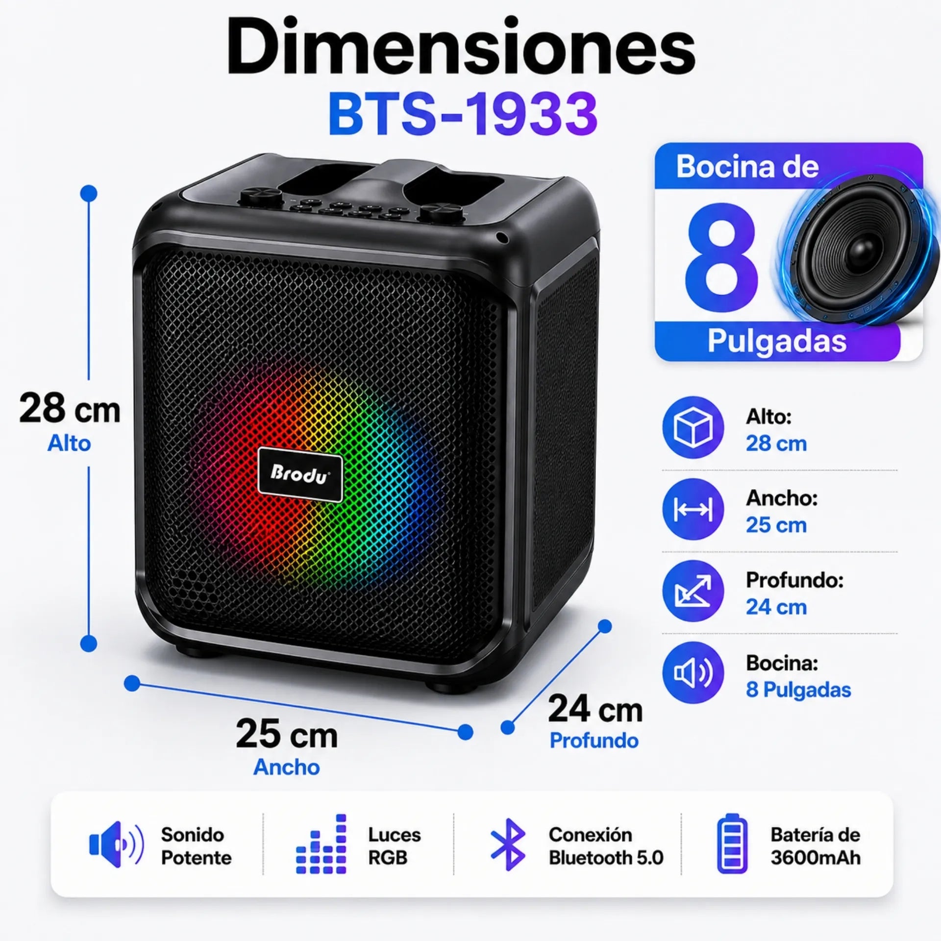 Parlante Cabina Bluetooth 6.5 Pulgadas Con Luces RGB Y 2 Micrófonos Brodu BTS-1933