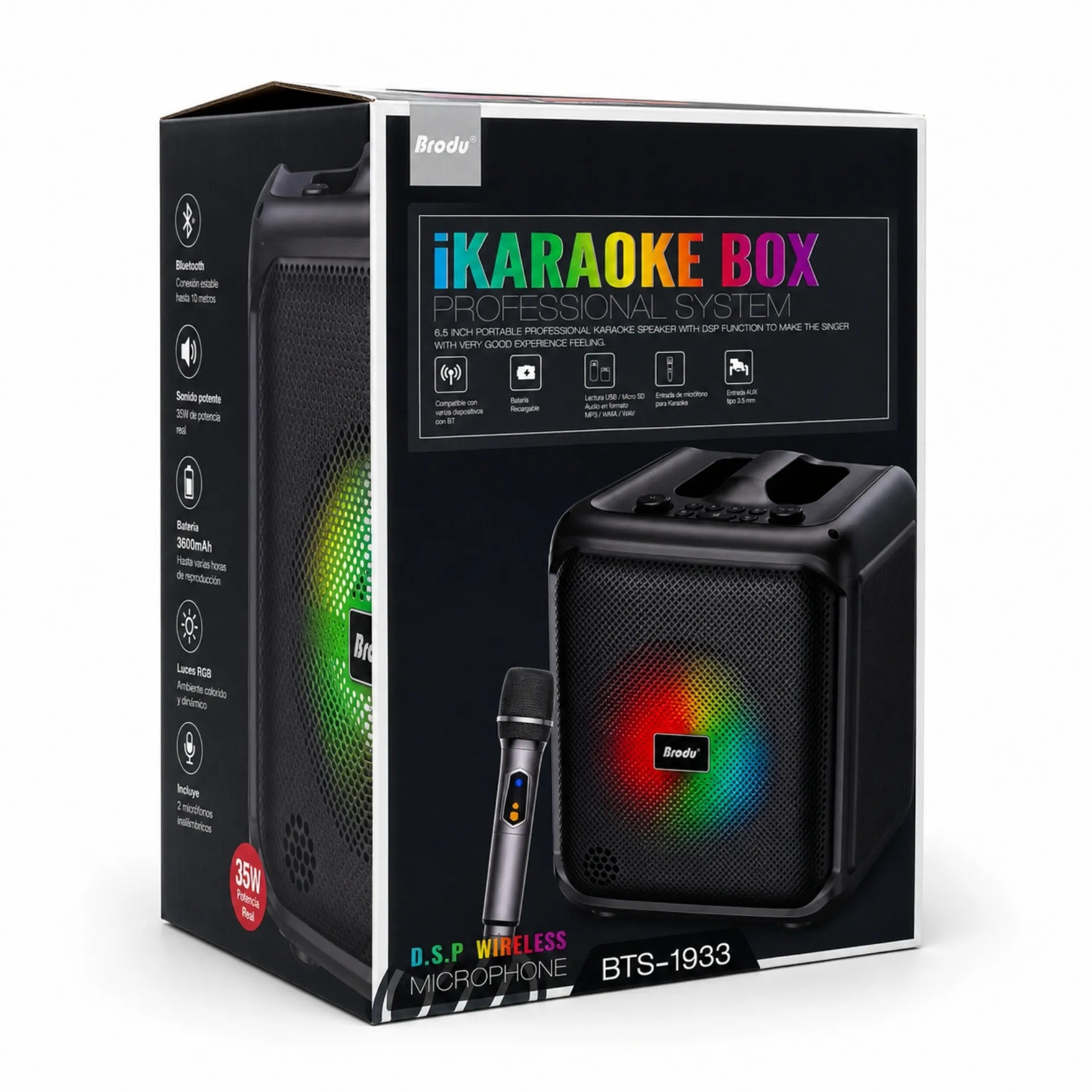 Parlante Cabina Bluetooth 6.5 Pulgadas Con Luces RGB Y 2 Micrófonos Brodu BTS-1933