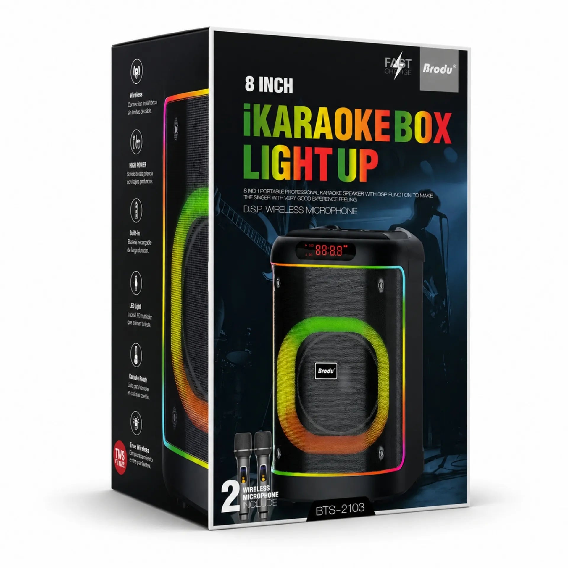 Parlante Cabina Bluetooth 8 Pulgadas Recargable Con Luces RGB Y 2 Micrófonos Brodu BTS-2103