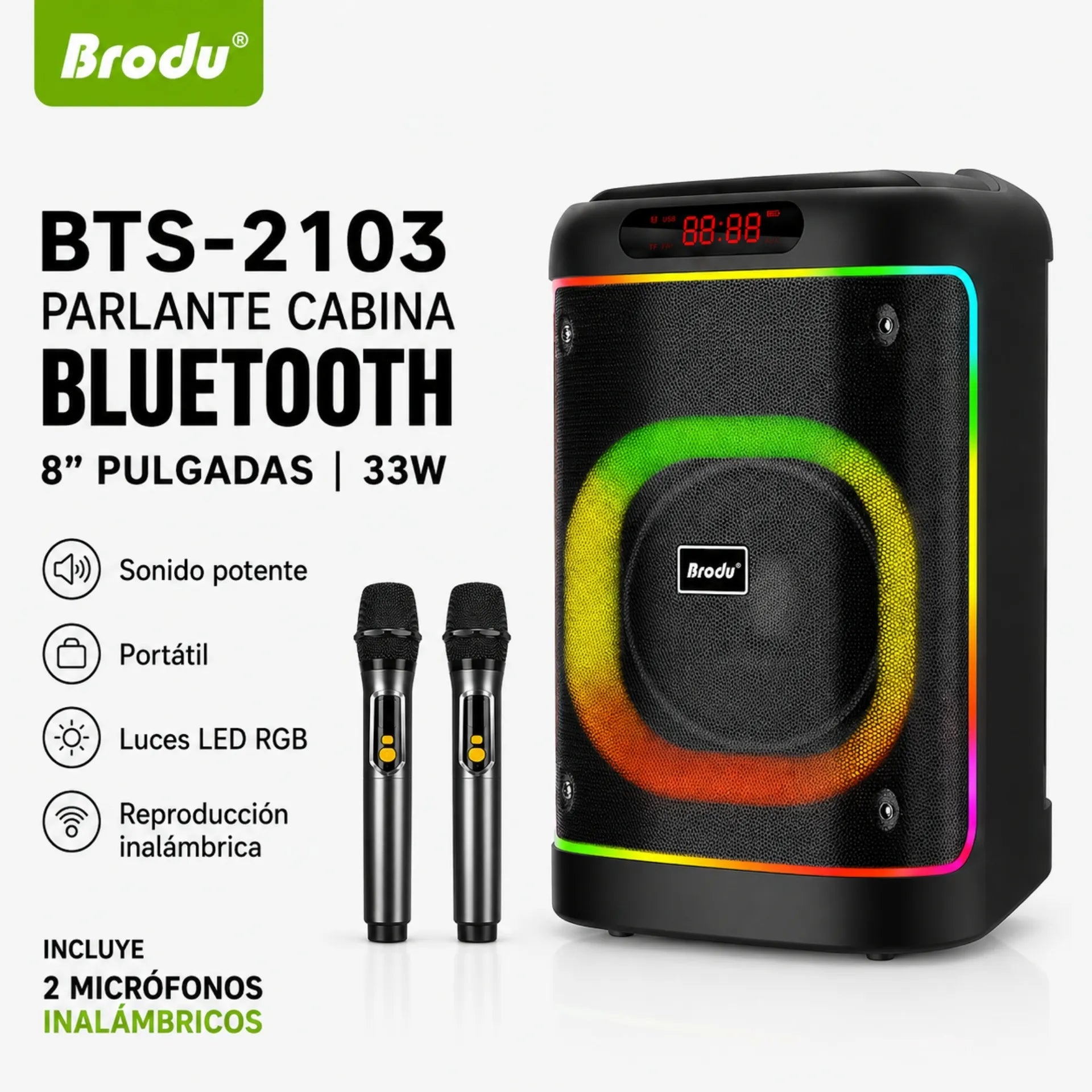Parlante Cabina Bluetooth 8 Pulgadas Recargable Con Luces RGB Y 2 Micrófonos Brodu BTS-2103