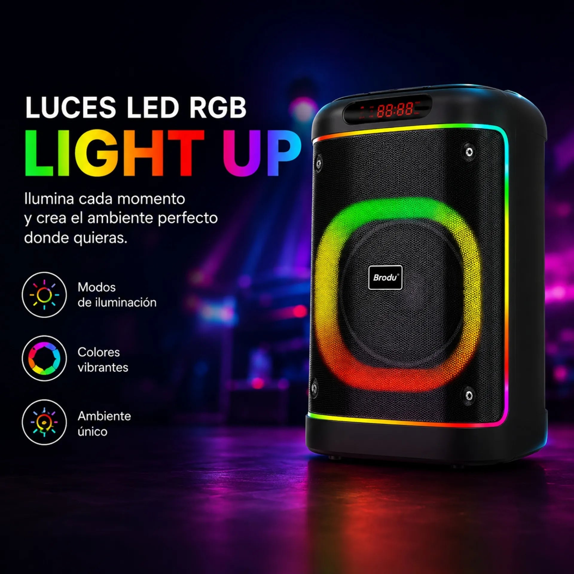 Parlante Cabina Bluetooth 8 Pulgadas Recargable Con Luces RGB Y 2 Micrófonos Brodu BTS-2103