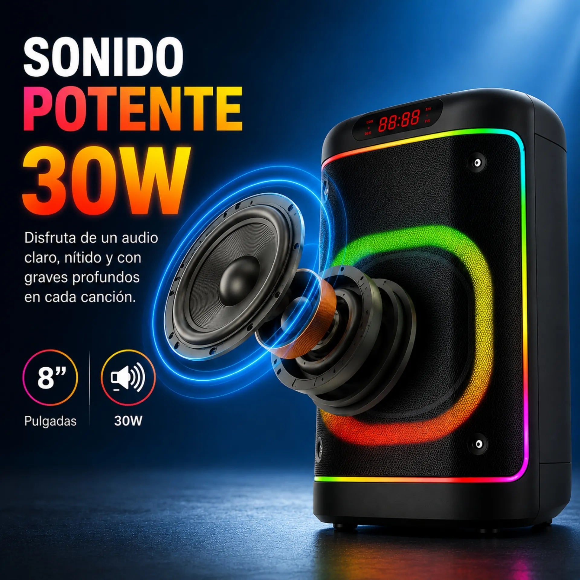 Parlante Cabina Bluetooth 8 Pulgadas Recargable Con Luces RGB Y 2 Micrófonos Brodu BTS-2103