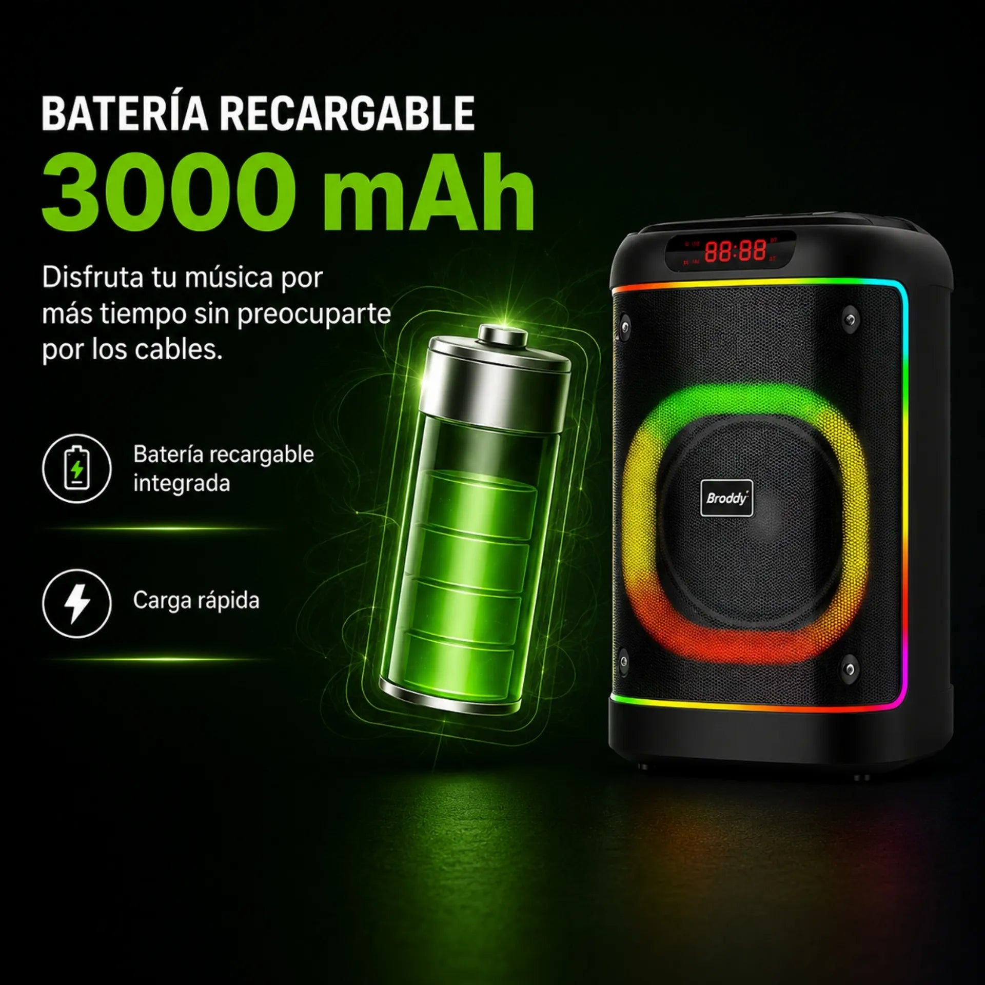 Parlante Cabina Bluetooth 8 Pulgadas Recargable Con Luces RGB Y 2 Micrófonos Brodu BTS-2103