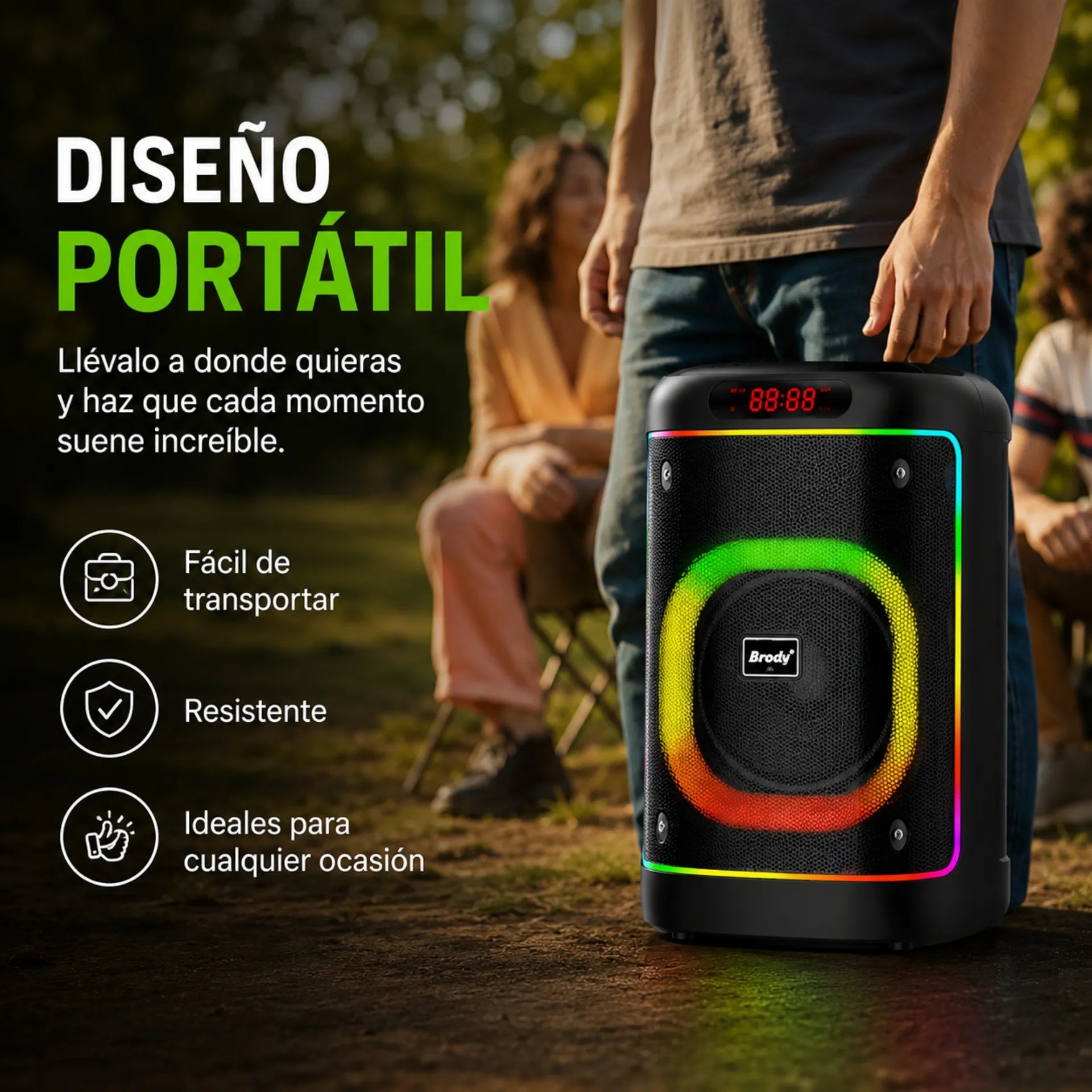 Parlante Cabina Bluetooth 8 Pulgadas Recargable Con Luces RGB Y 2 Micrófonos Brodu BTS-2103