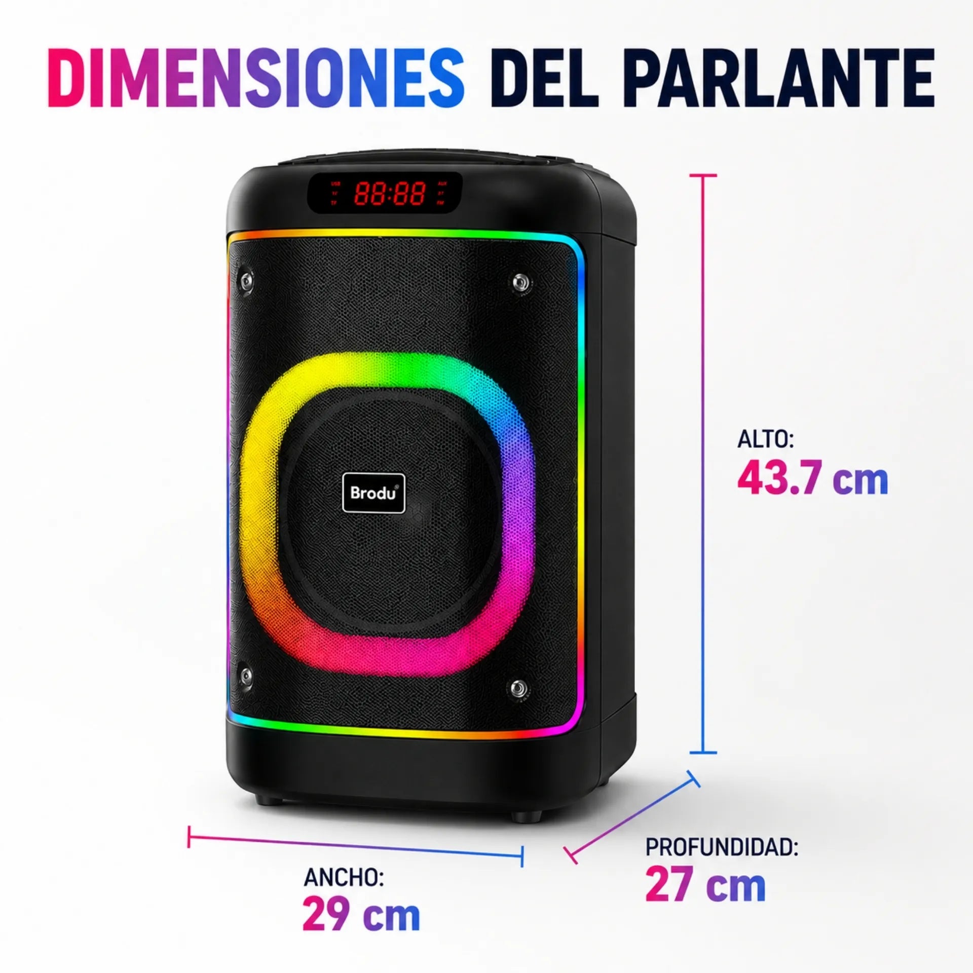 Parlante Cabina Bluetooth 8 Pulgadas Recargable Con Luces RGB Y 2 Micrófonos Brodu BTS-2103