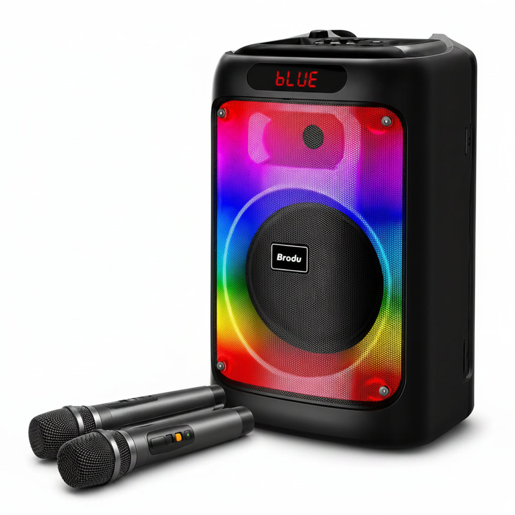Parlante Cabina Bluetooth 8 Pulgadas Recargable Con Luces RGB Y Micrófonos Brodu BTS-2102