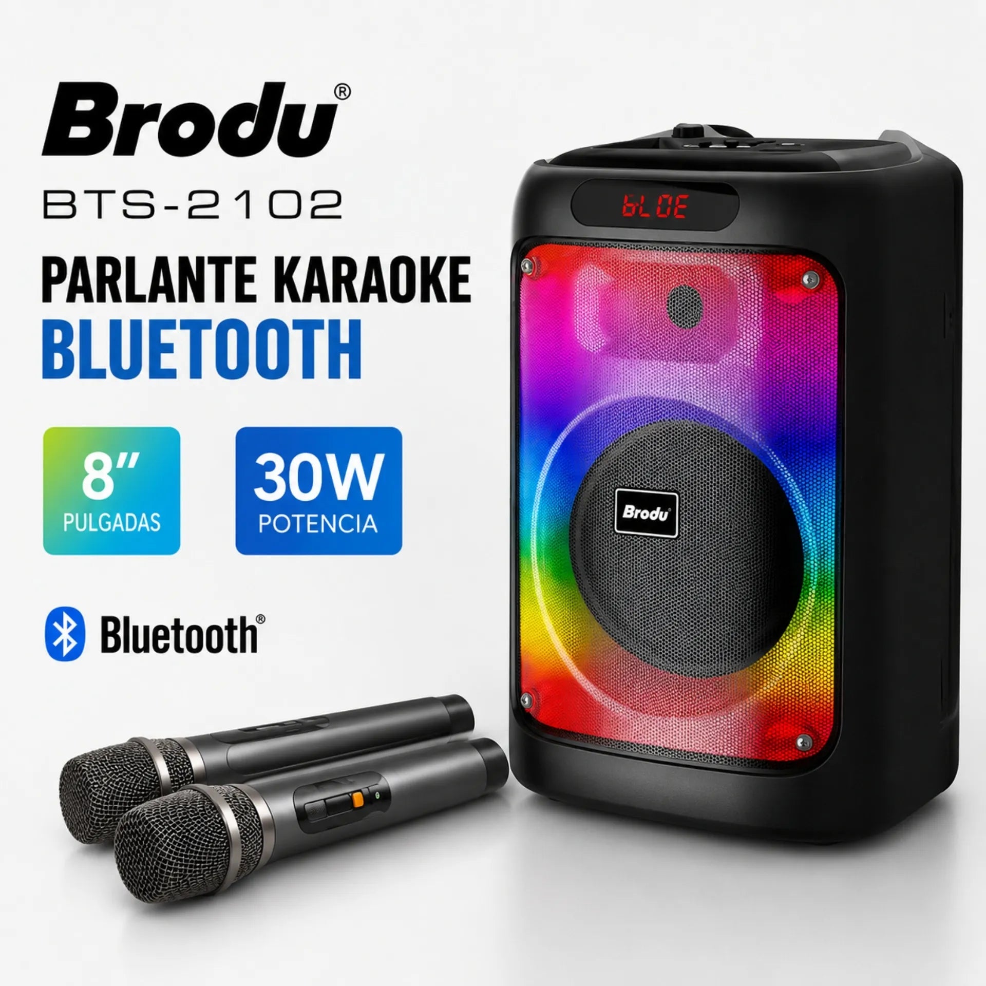 Parlante Cabina Bluetooth 8 Pulgadas Recargable Con Luces RGB Y Micrófonos Brodu BTS-2102