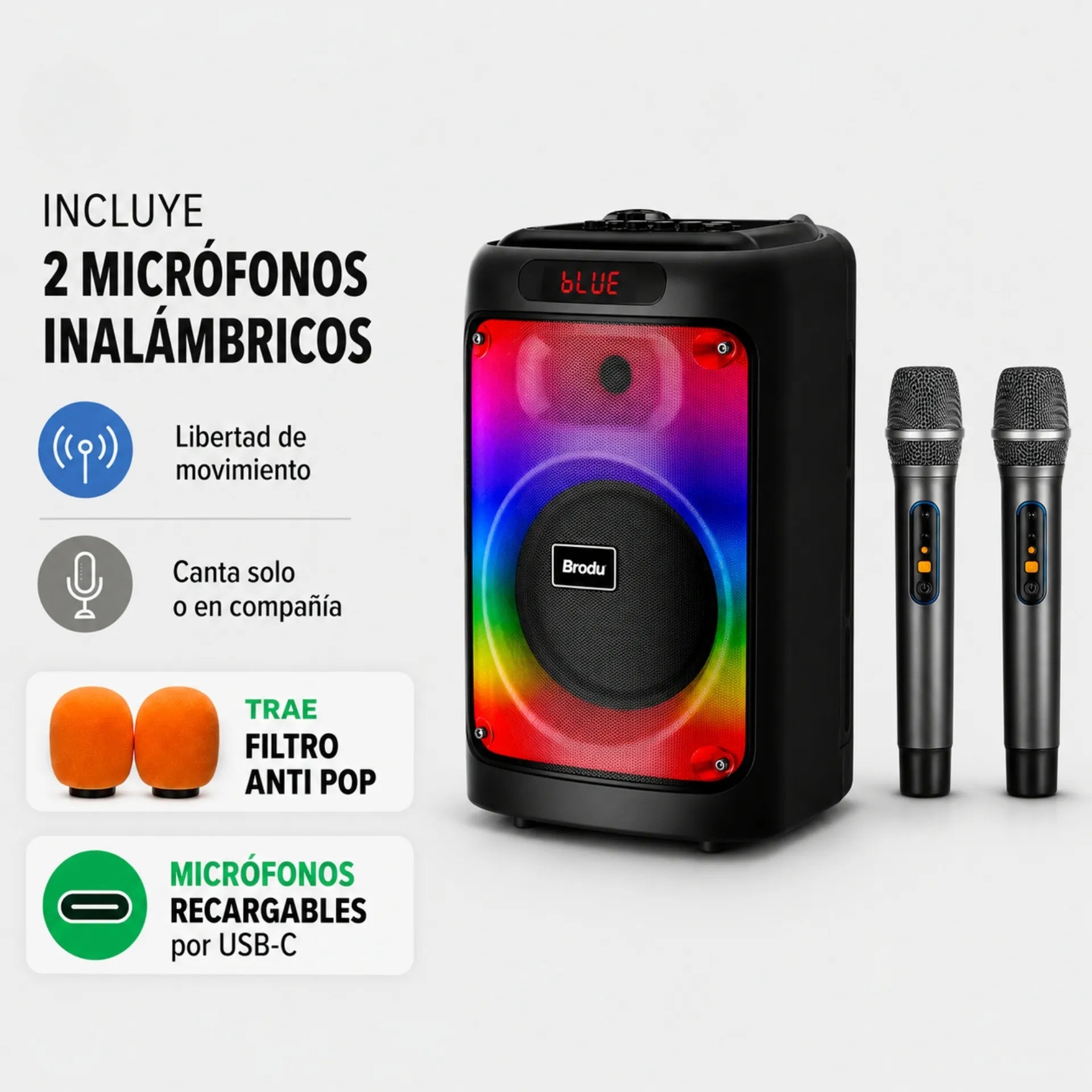 Parlante Cabina Bluetooth 8 Pulgadas Recargable Con Luces RGB Y Micrófonos Brodu BTS-2102