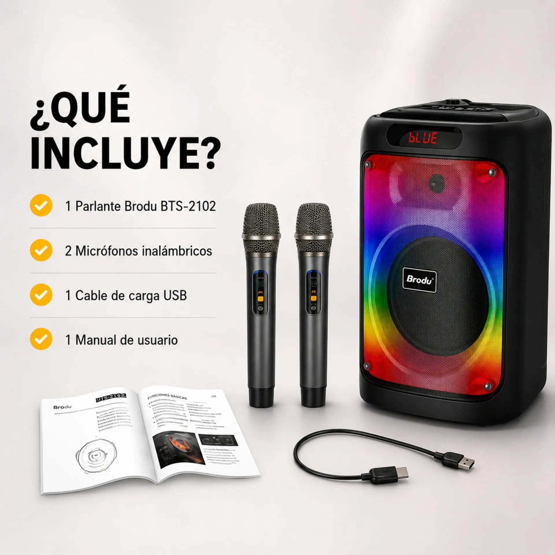Parlante Cabina Bluetooth 8 Pulgadas Recargable Con Luces RGB Y Micrófonos Brodu BTS-2102