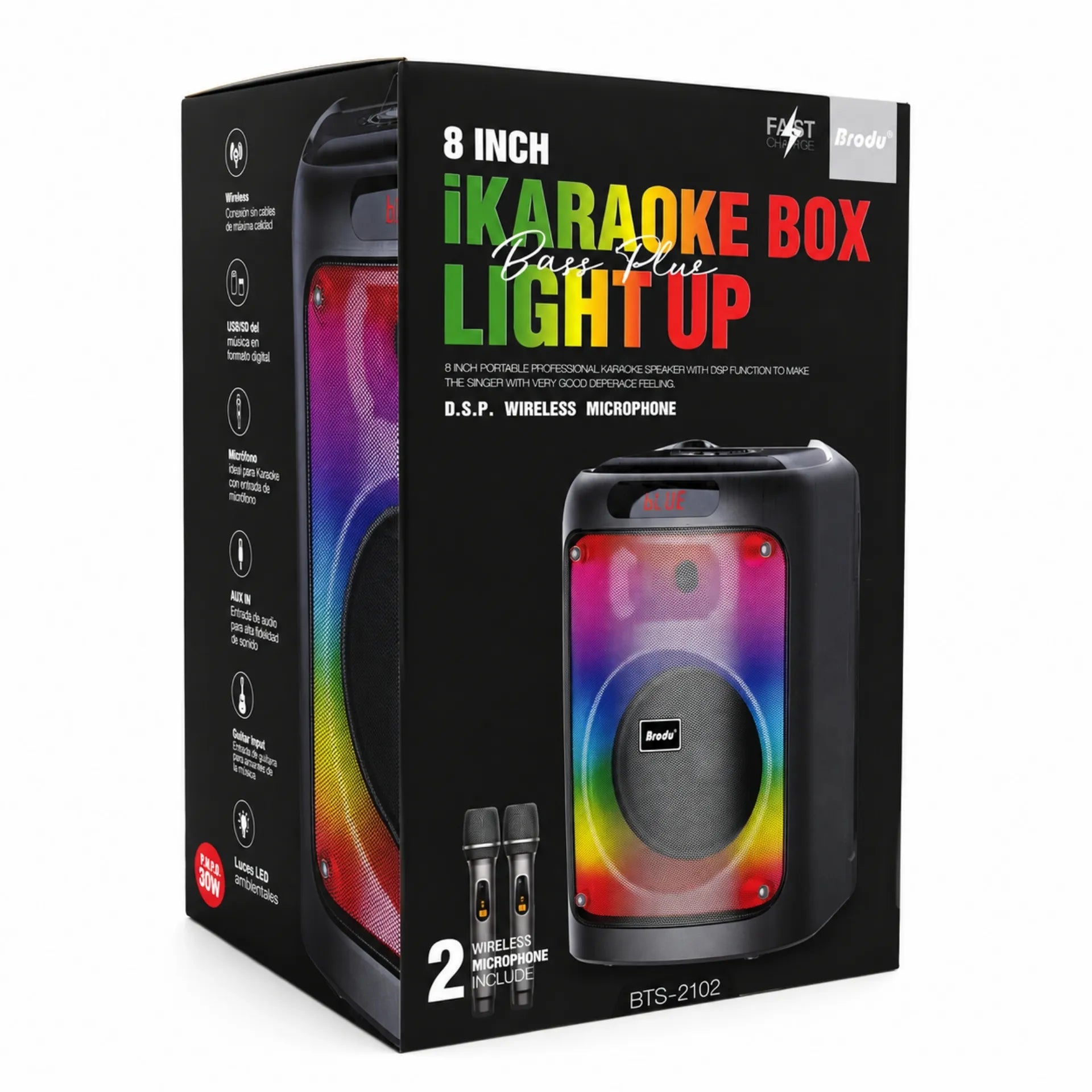 Parlante Cabina Bluetooth 8 Pulgadas Recargable Con Luces RGB Y Micrófonos Brodu BTS-2102