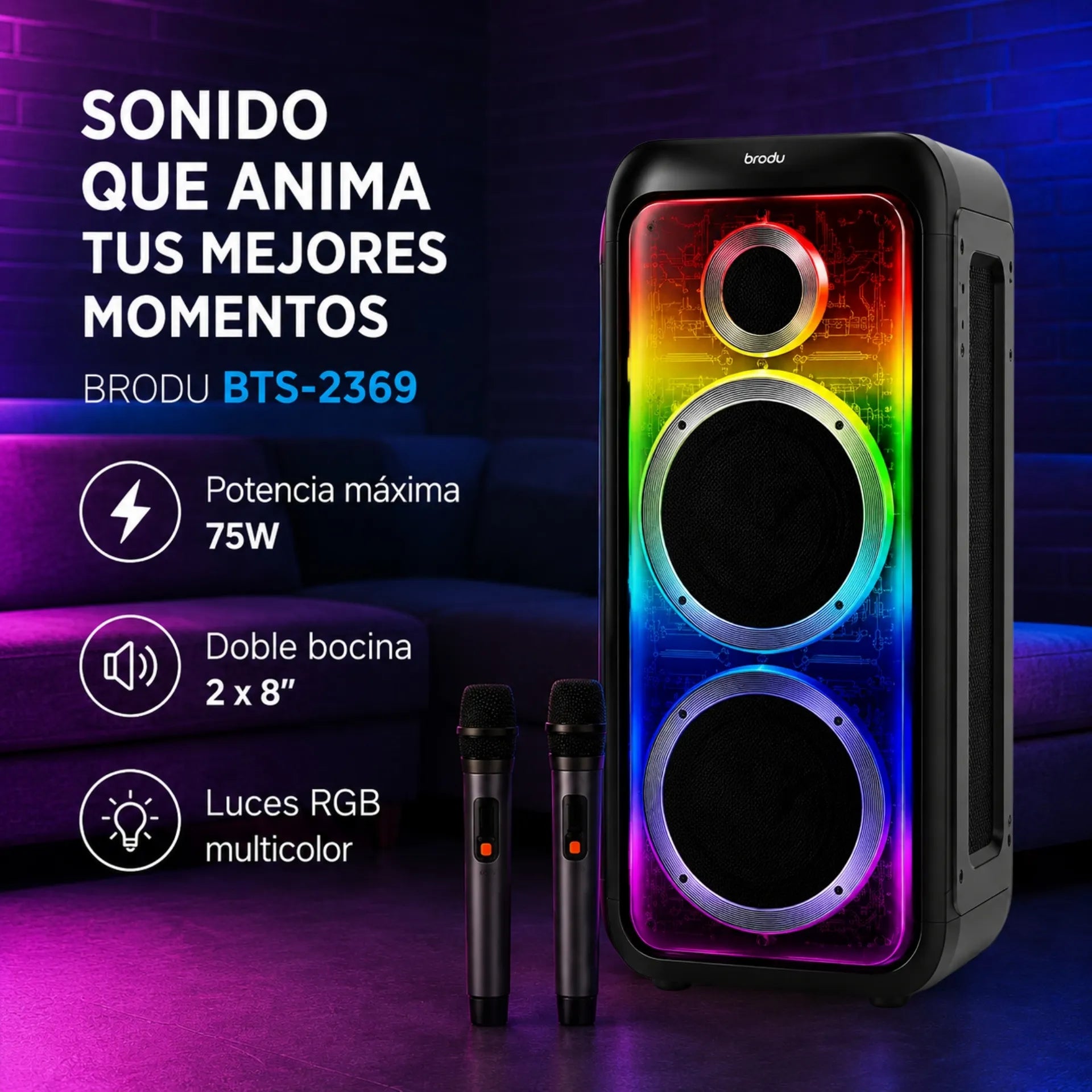 Parlante Cabina Bluetooth Doble Bocina 8 Pulgadas Con Luces RGB Y Micrófonos Brodu BTS-2369