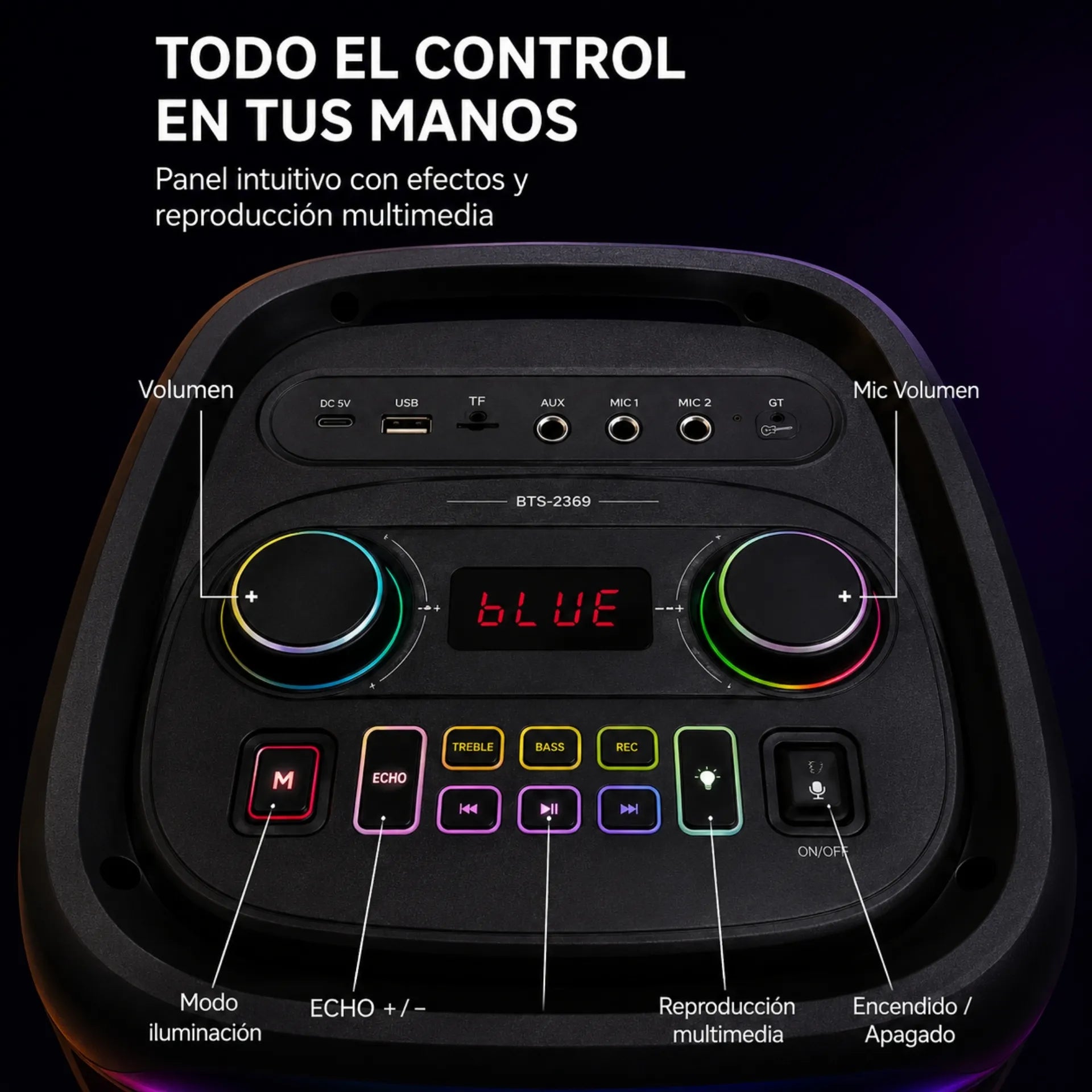 Parlante Cabina Bluetooth Doble Bocina 8 Pulgadas Con Luces RGB Y Micrófonos Brodu BTS-2369