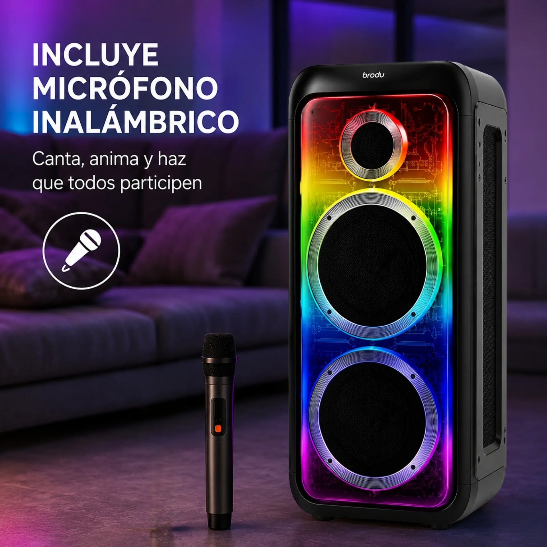 Parlante Cabina Bluetooth Doble Bocina 8 Pulgadas Con Luces RGB Y Micrófonos Brodu BTS-2369