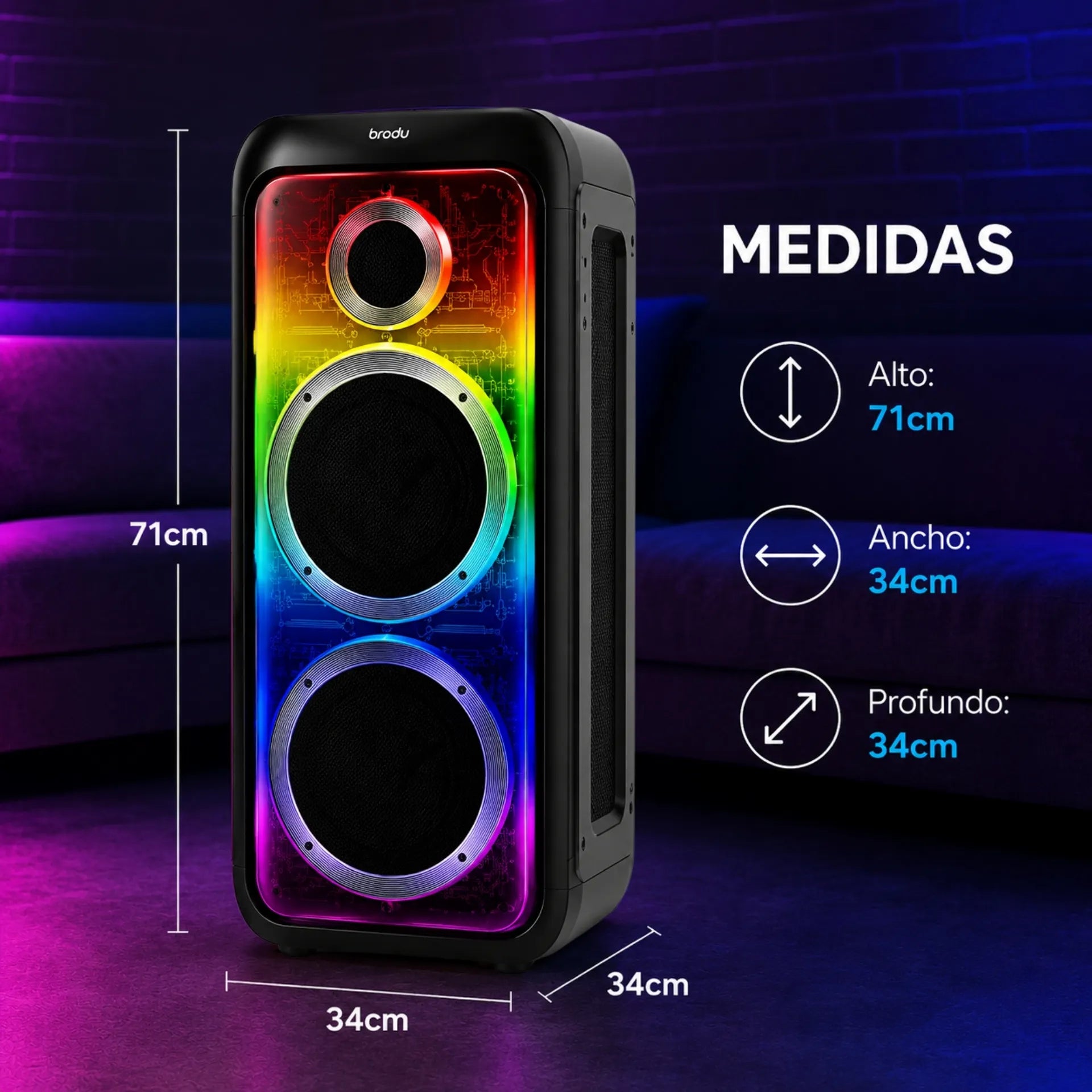 Parlante Cabina Bluetooth Doble Bocina 8 Pulgadas Con Luces RGB Y Micrófonos Brodu BTS-2369