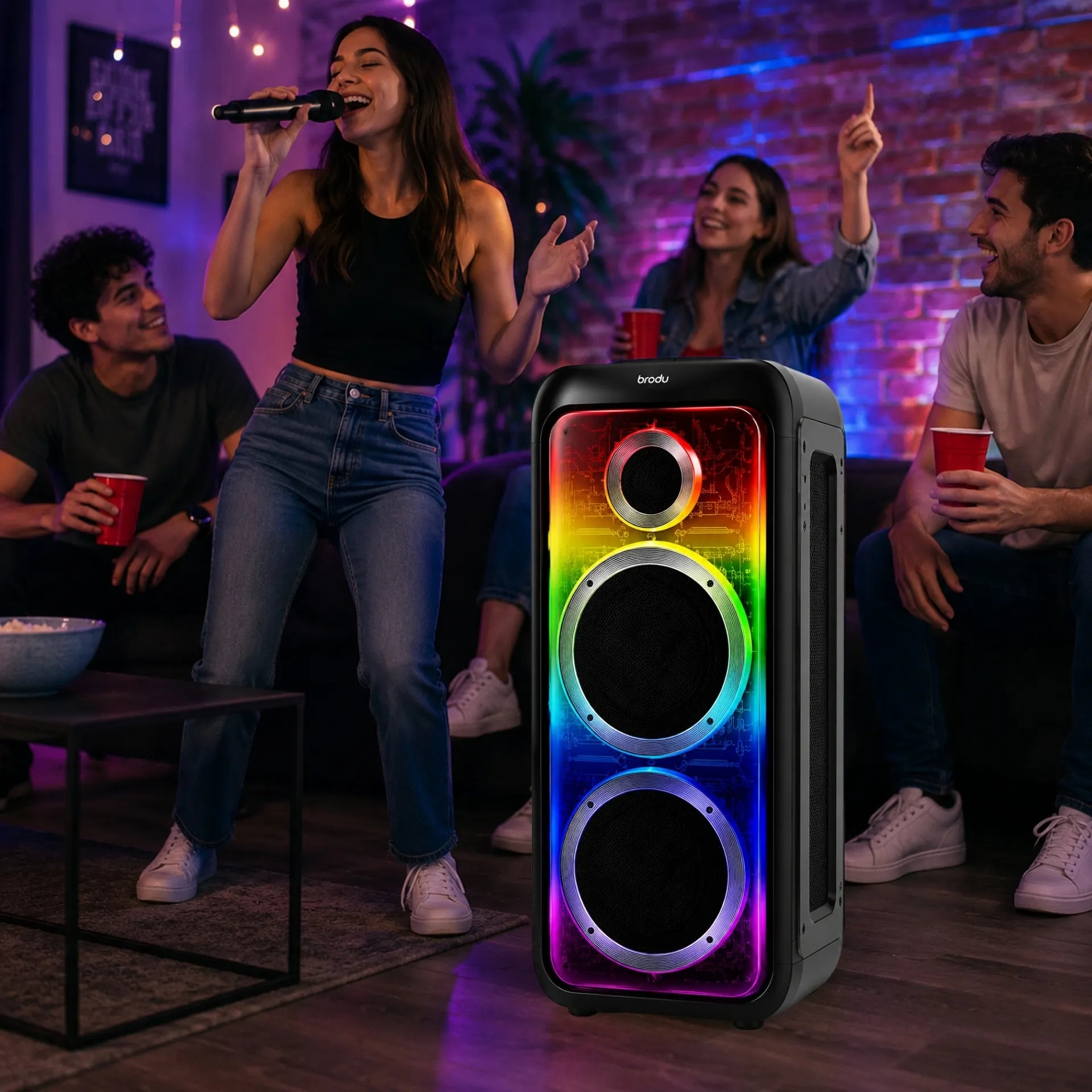 Parlante Cabina Bluetooth Doble Bocina 8 Pulgadas Con Luces RGB Y Micrófonos Brodu BTS-2369